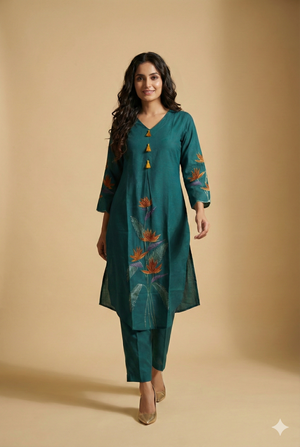 Stylish Teal Floral Embroidered Pure Cotton A-Line Kurti with Bottom Set