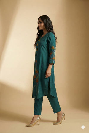 Stylish Teal Floral Embroidered Pure Cotton A-Line Kurti with Bottom Set