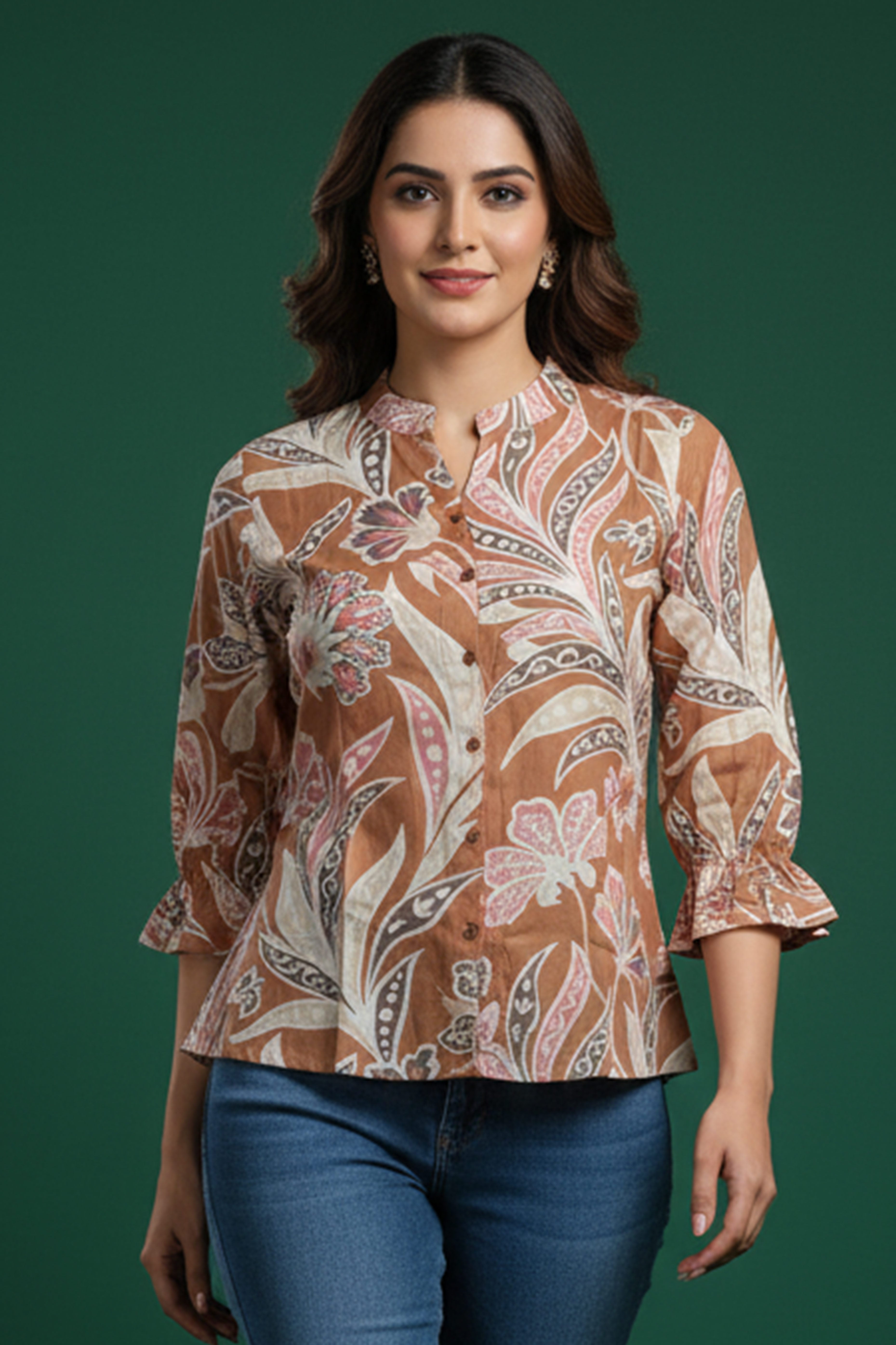 Stylish Brown Floral Printed Top Crafted in Lightweight Muslin Fabric