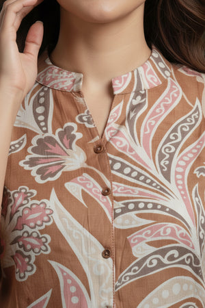 Stylish Brown Floral Printed Top Crafted in Lightweight Muslin Fabric