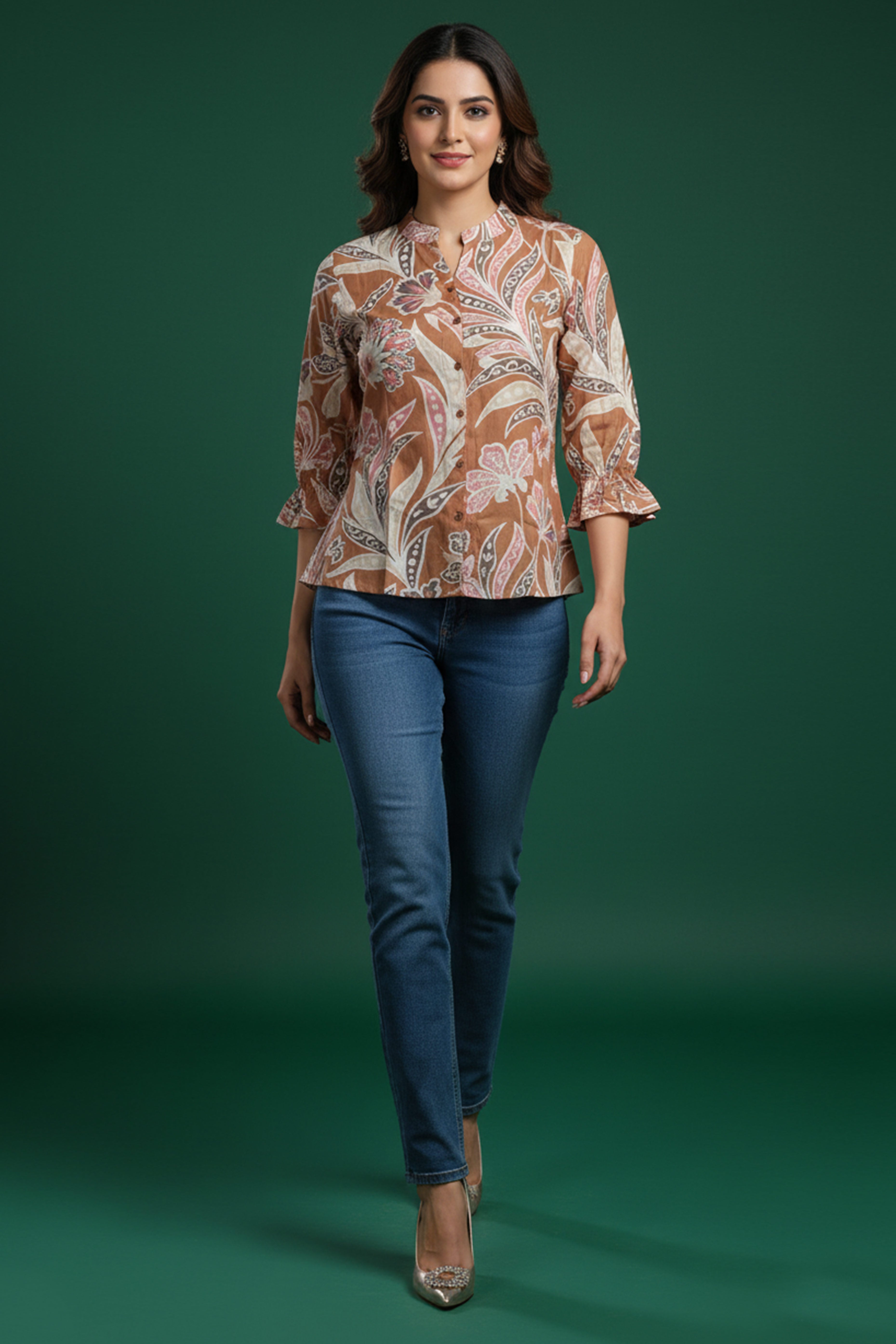 Stylish Brown Floral Printed Top Crafted in Lightweight Muslin Fabric