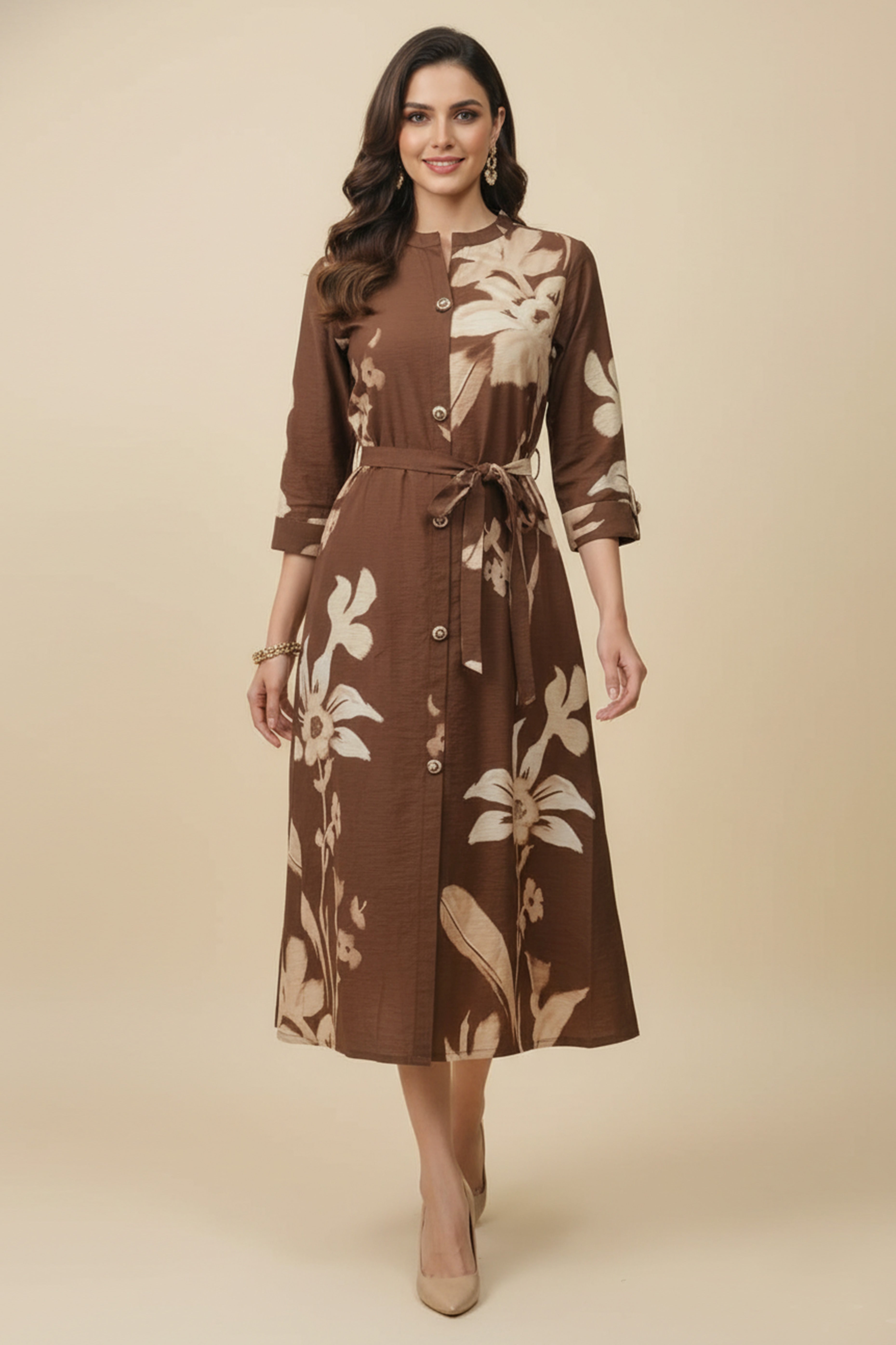 Trendy Brown Viscose Blend Midi Dress Featuring All-Over Floral Prints