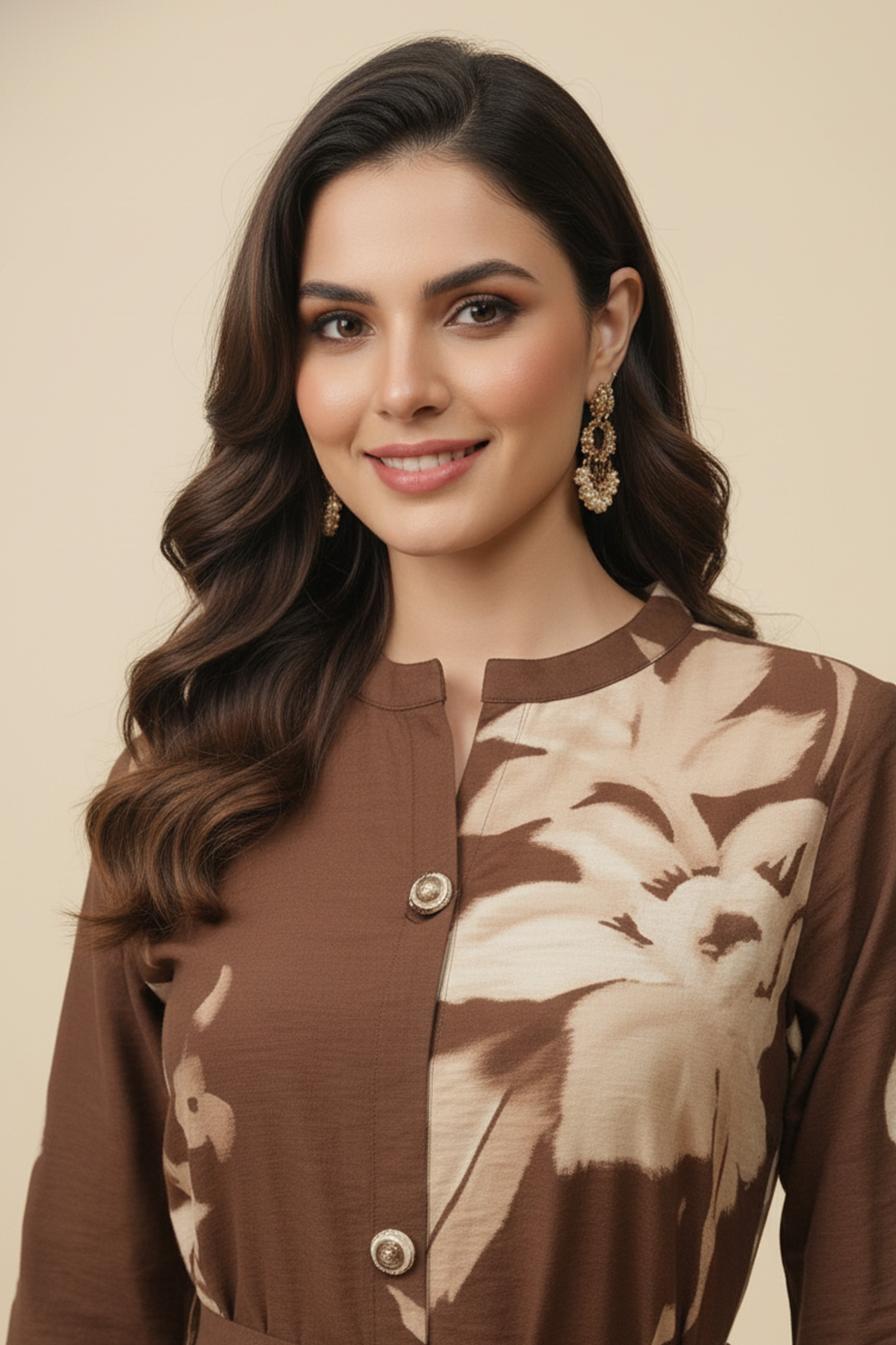 Trendy Brown Viscose Blend Midi Dress Featuring All-Over Floral Prints