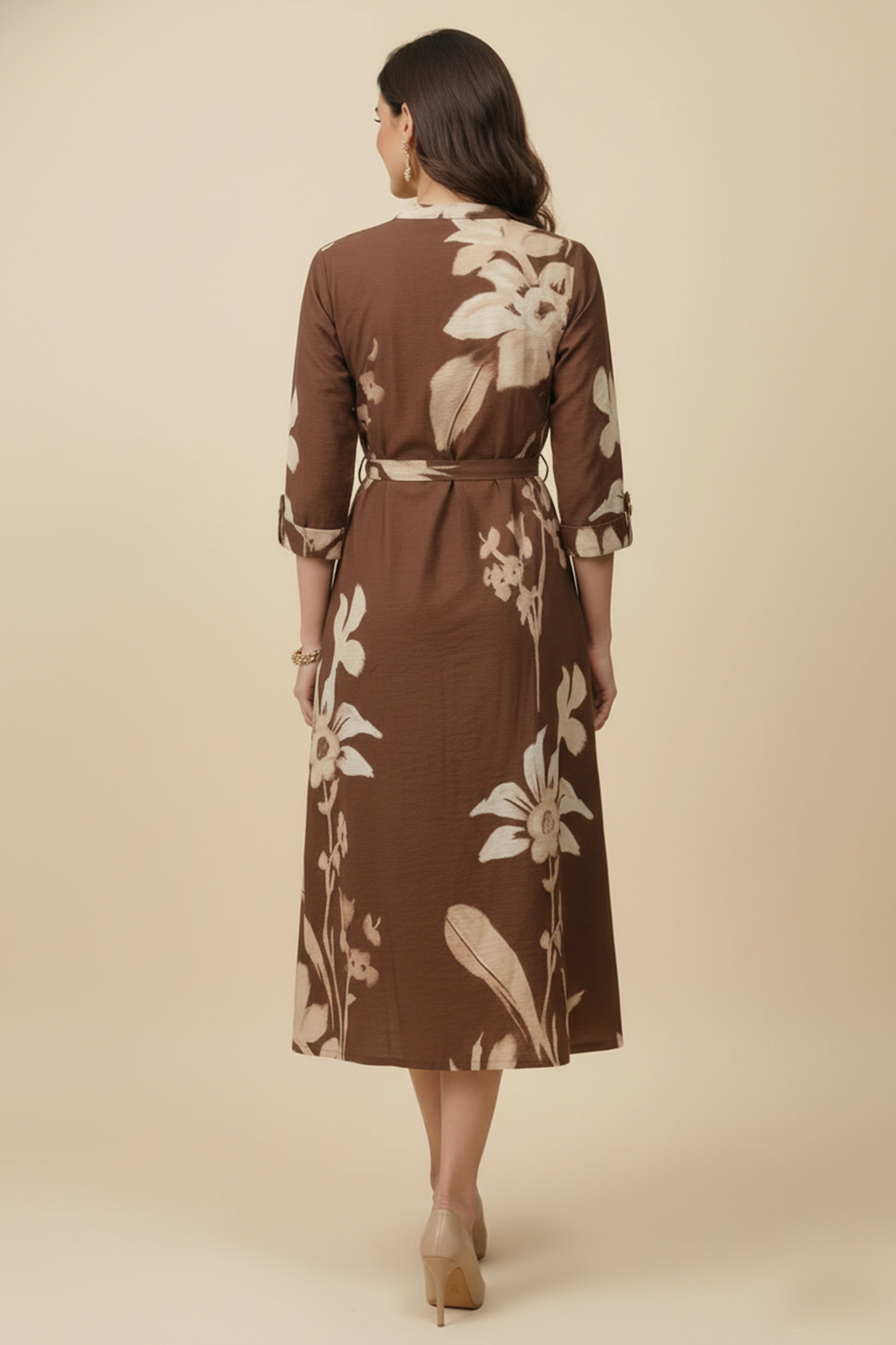 Trendy Brown Viscose Blend Midi Dress Featuring All-Over Floral Prints