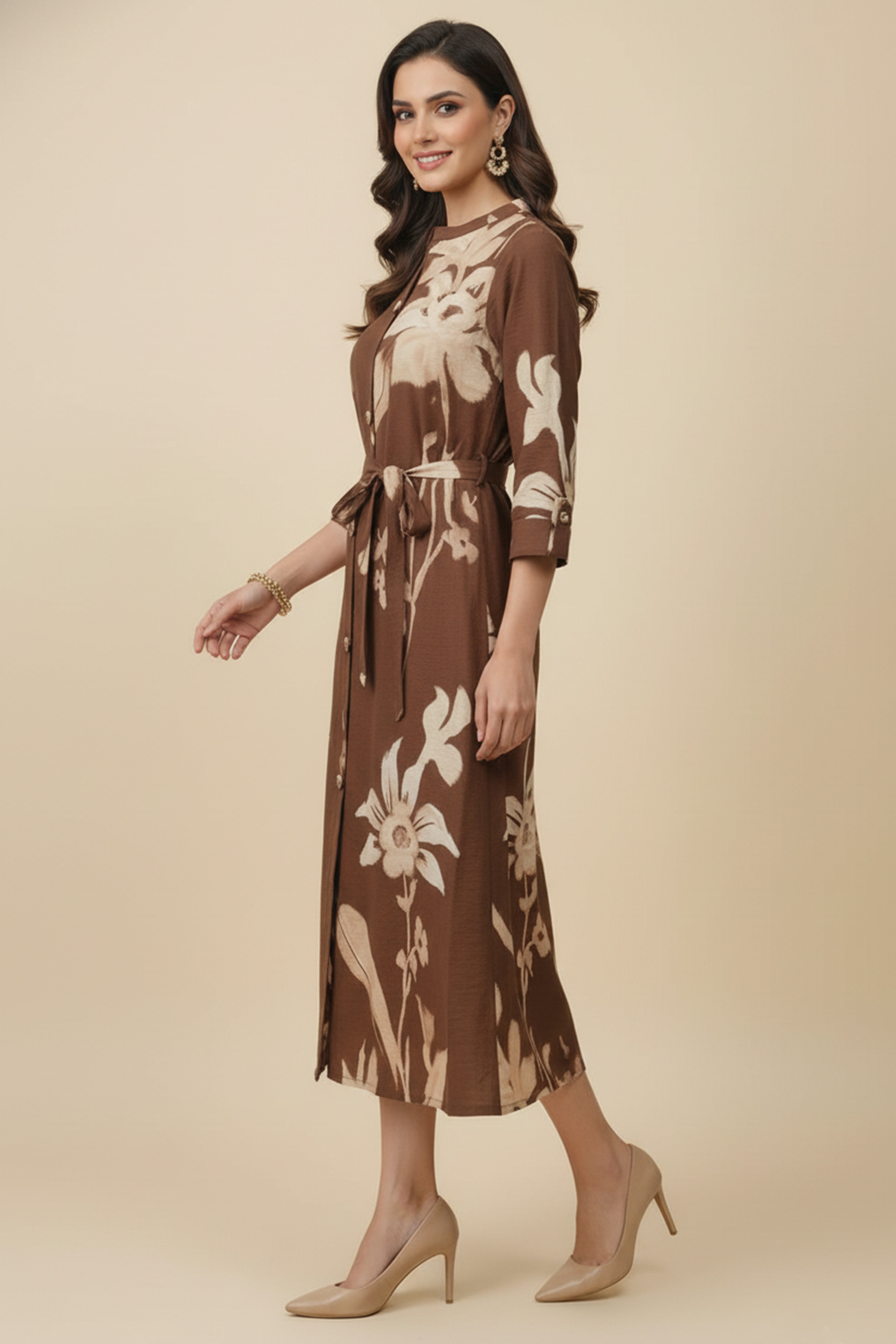 Trendy Brown Viscose Blend Midi Dress Featuring All-Over Floral Prints