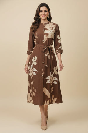 Trendy Brown Viscose Blend Midi Dress Featuring All-Over Floral Prints