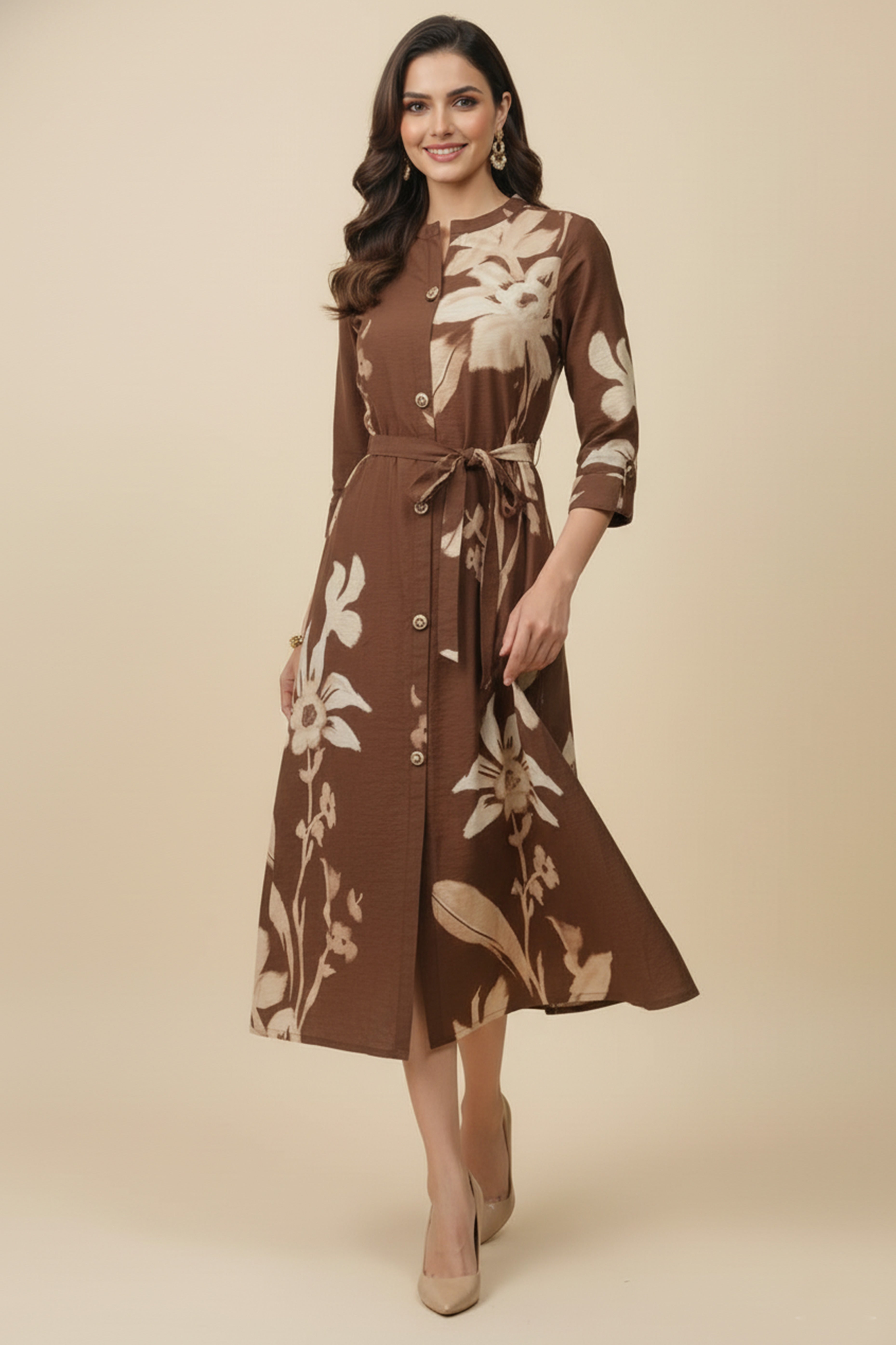 Trendy Brown Viscose Blend Midi Dress Featuring All-Over Floral Prints