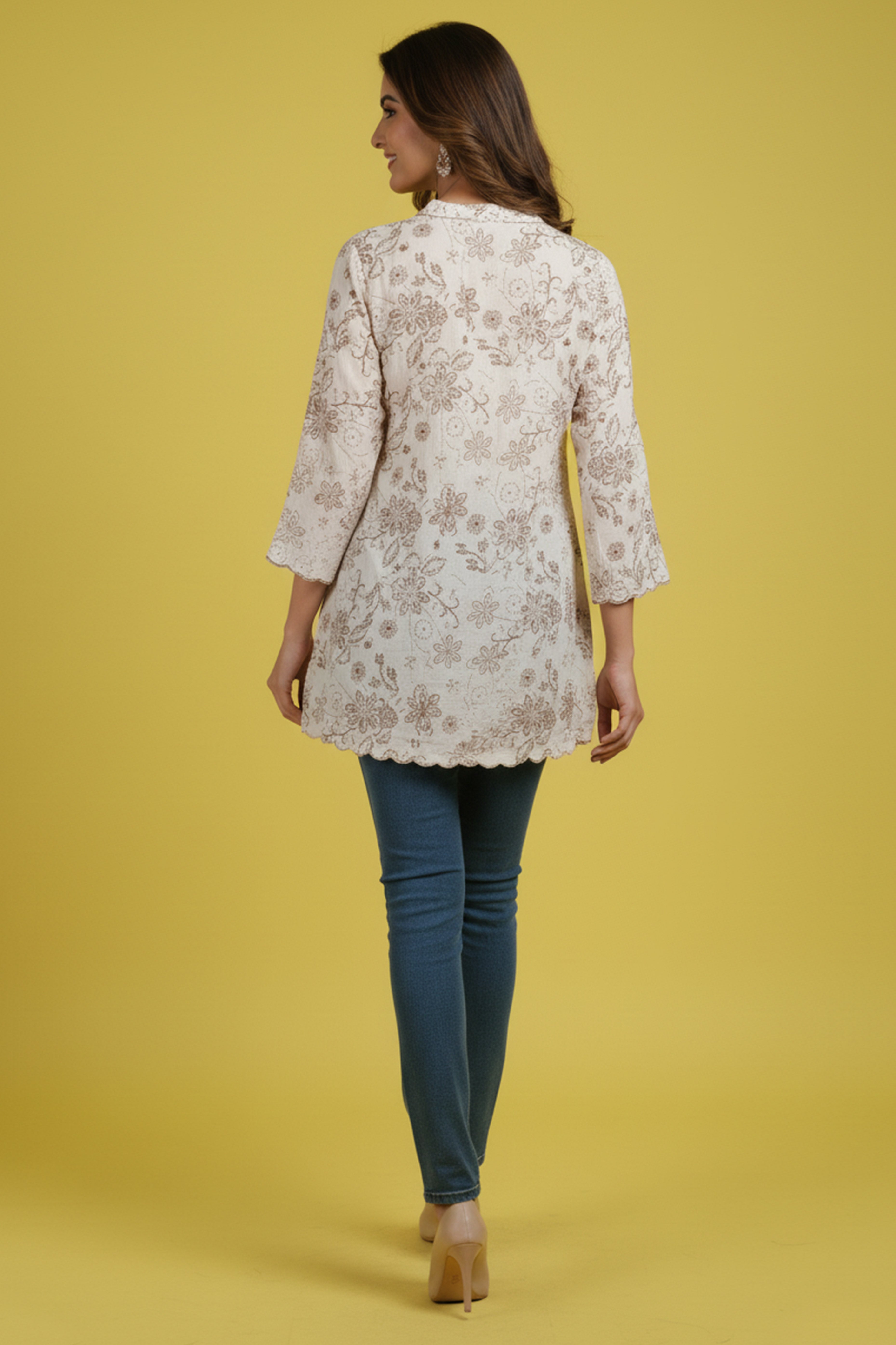 Minimalist Off White Pure Cotton Straight Top with All-Over Floral Motifs