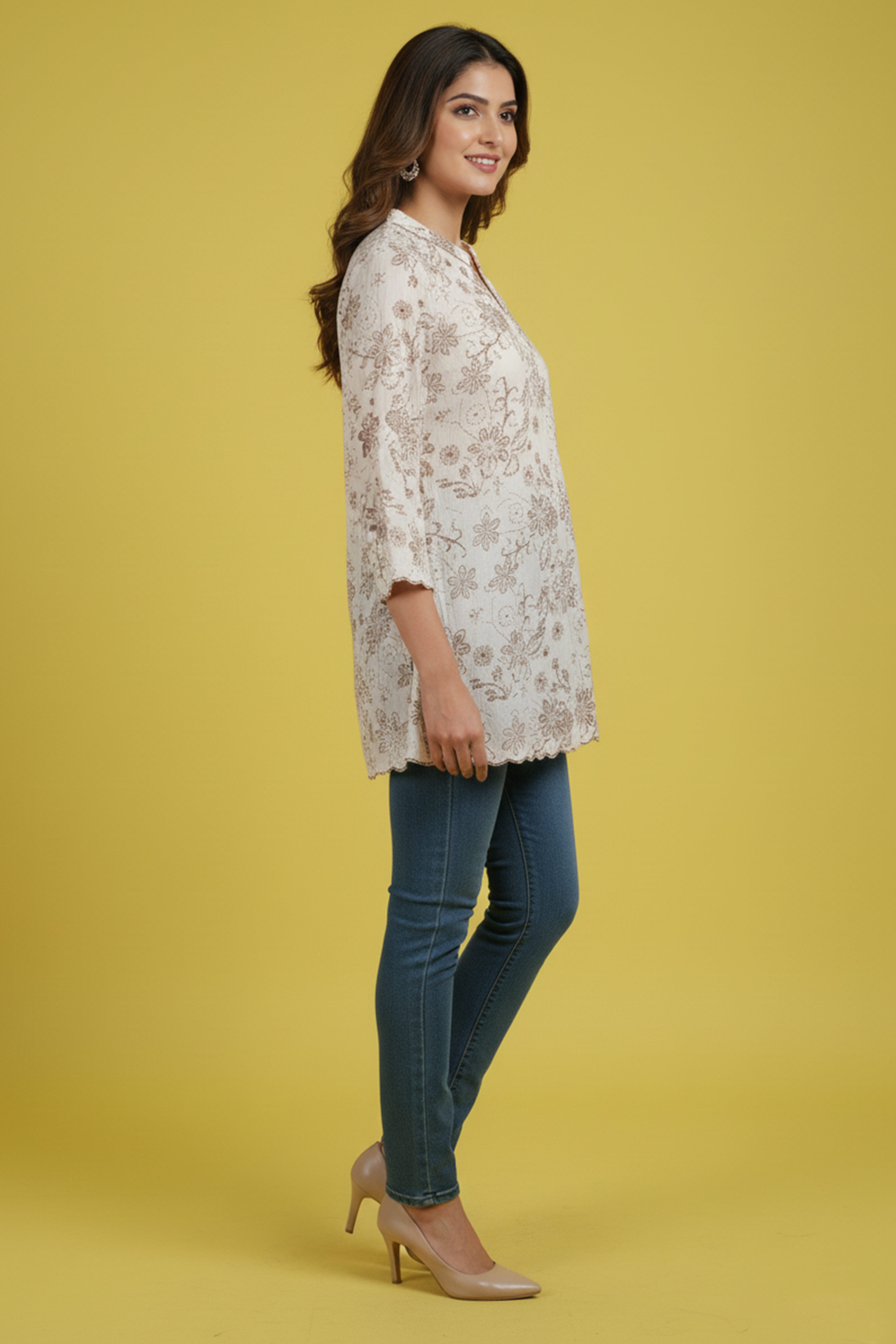 Minimalist Off White Pure Cotton Straight Top with All-Over Floral Motifs
