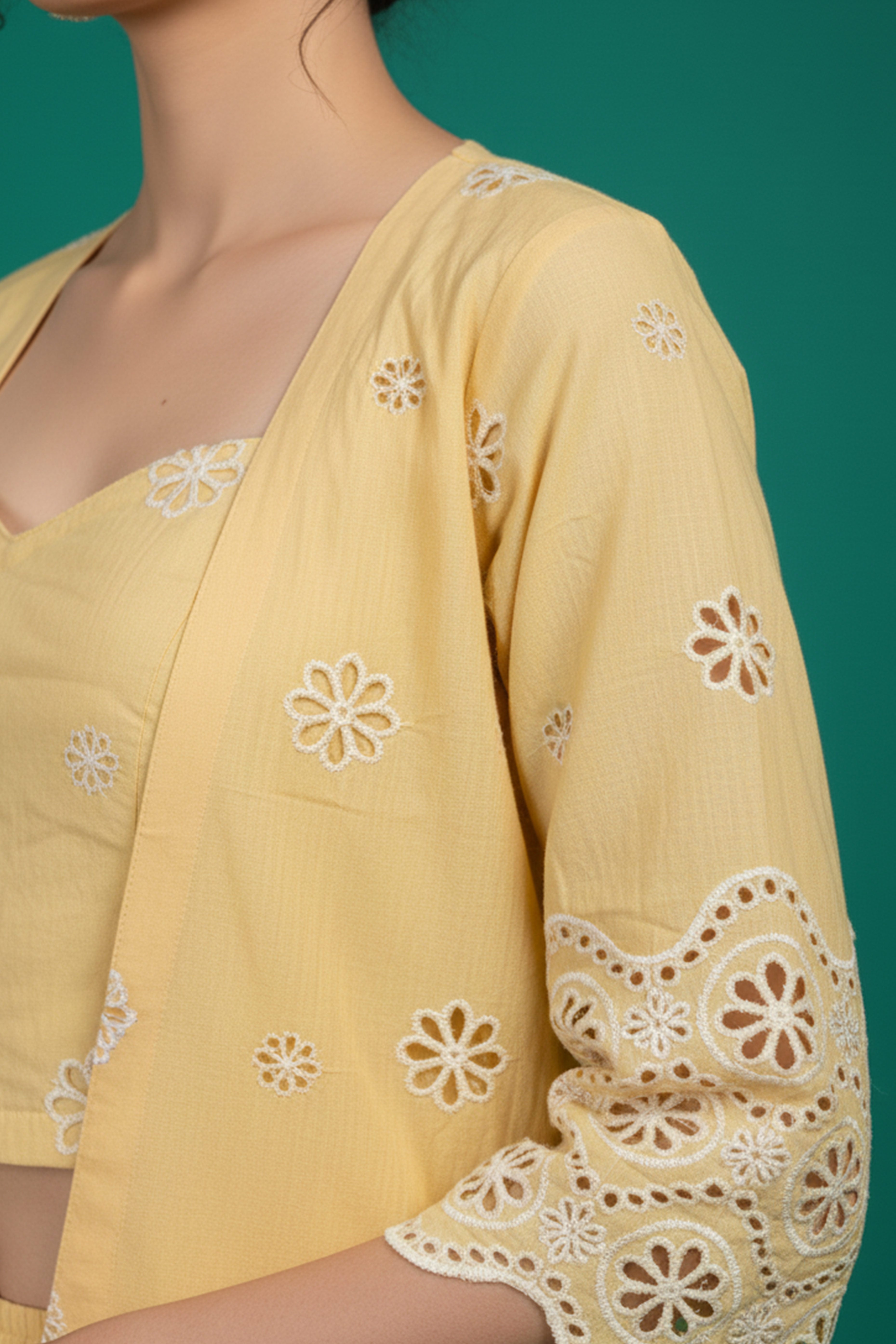 Yellow Schiffli Pure Cotton Top Bottom Set With Jacket