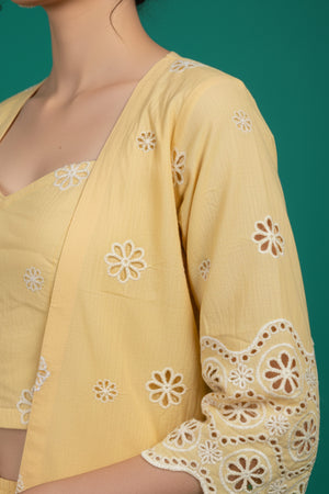 Yellow Schiffli Pure Cotton Top Bottom Set With Jacket