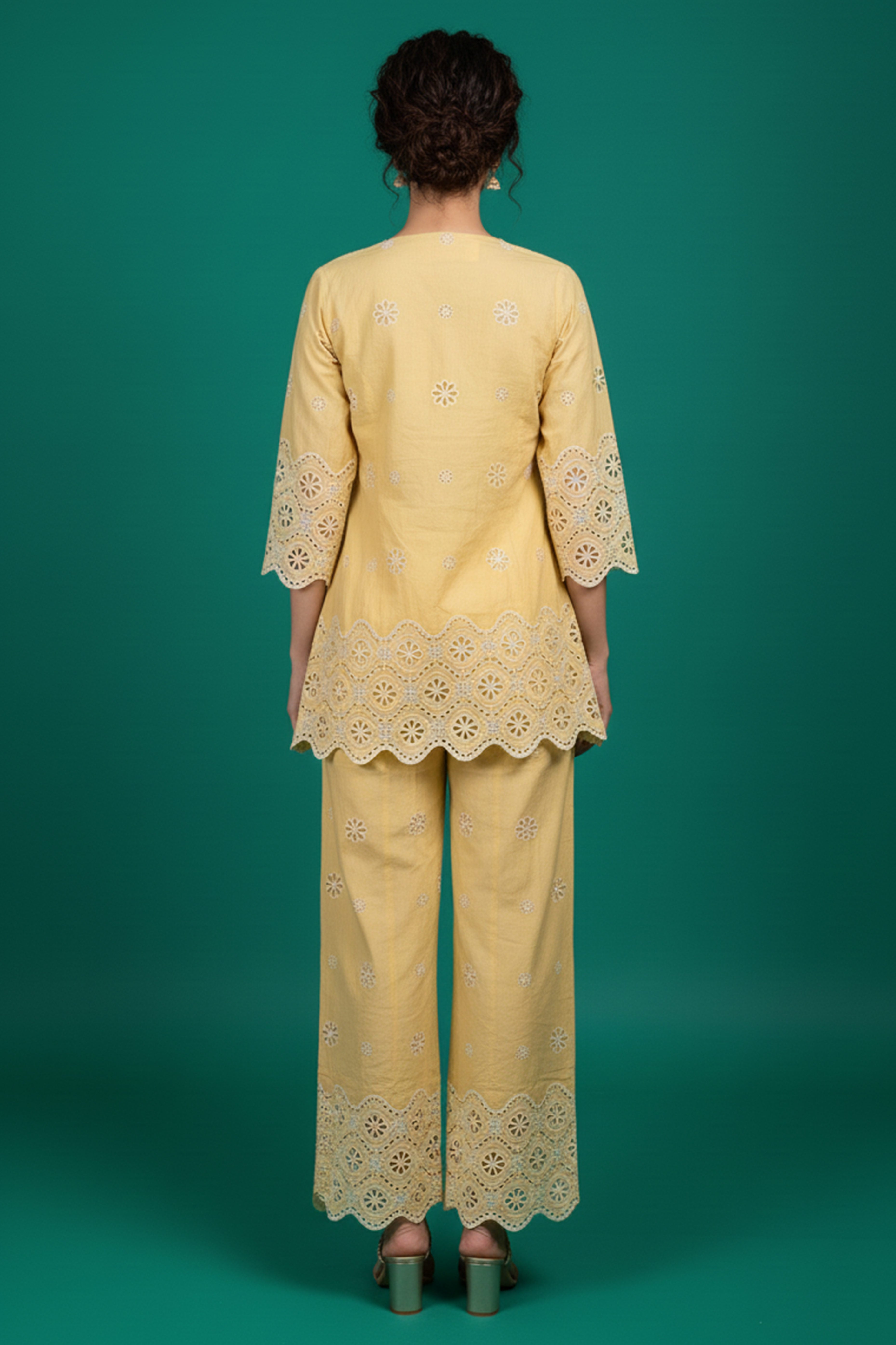 Yellow Schiffli Pure Cotton Top Bottom Set With Jacket