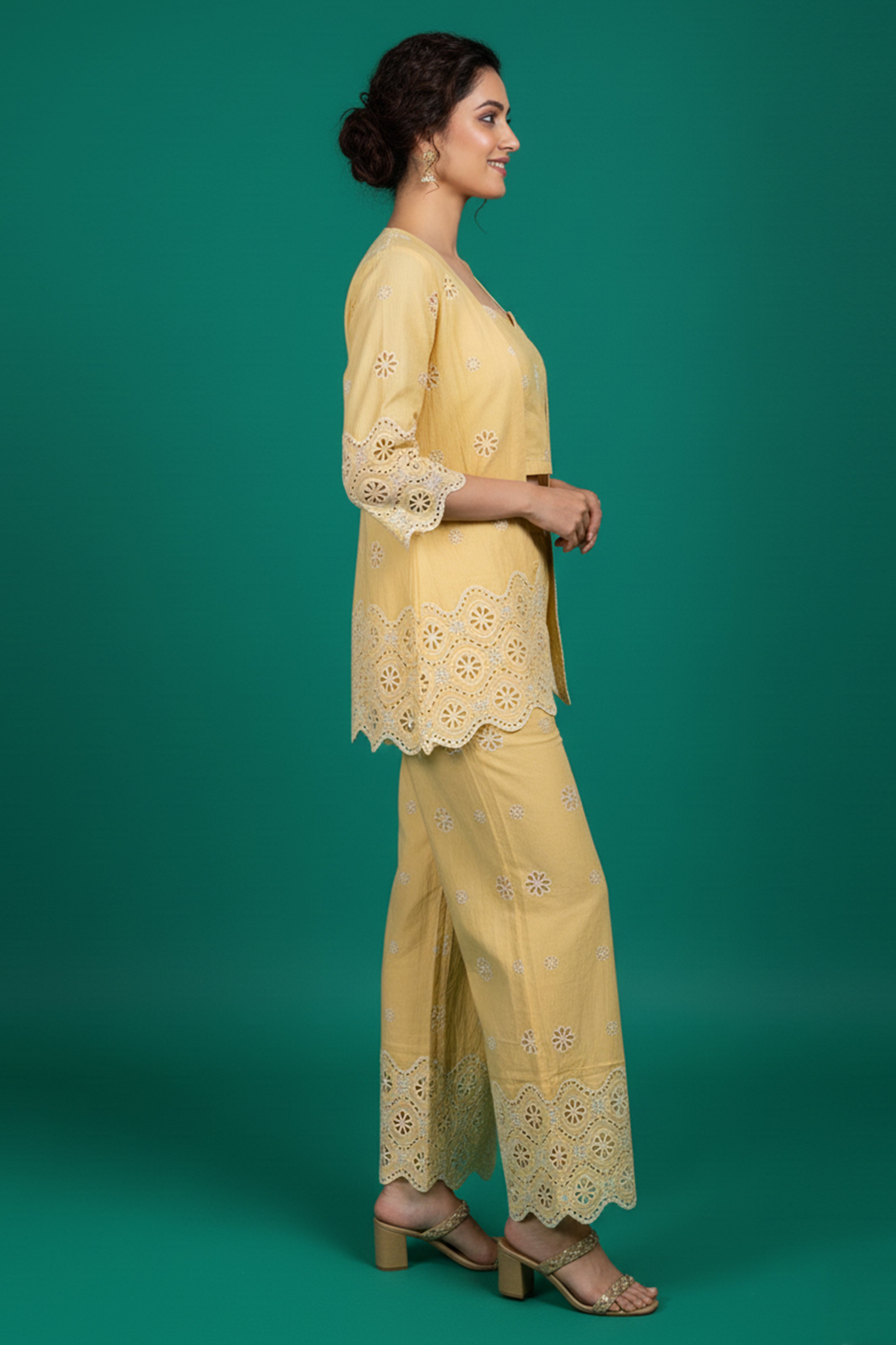 Yellow Schiffli Pure Cotton Top Bottom Set With Jacket