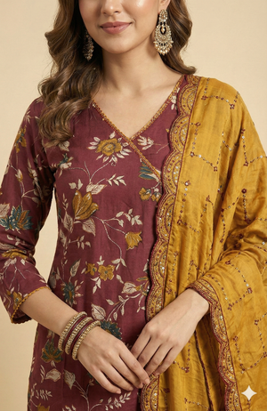 Maroon viscose Angrakha-Style Salwar Suit Adorned with Graceful Floral Prints