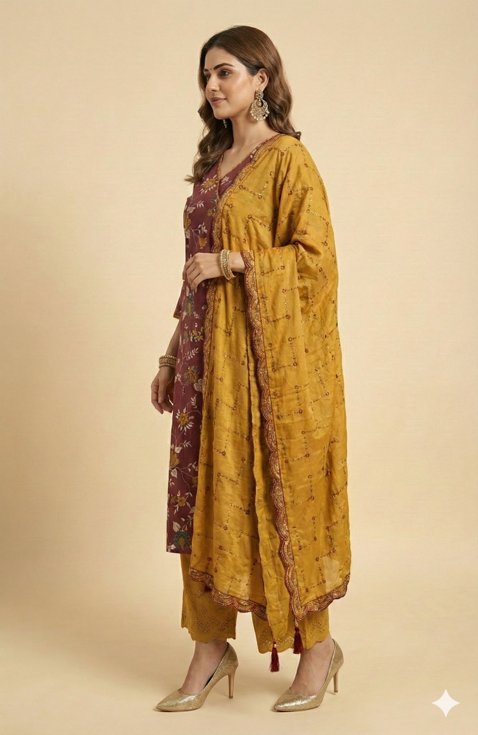 Maroon viscose Angrakha-Style Salwar Suit Adorned with Graceful Floral Prints