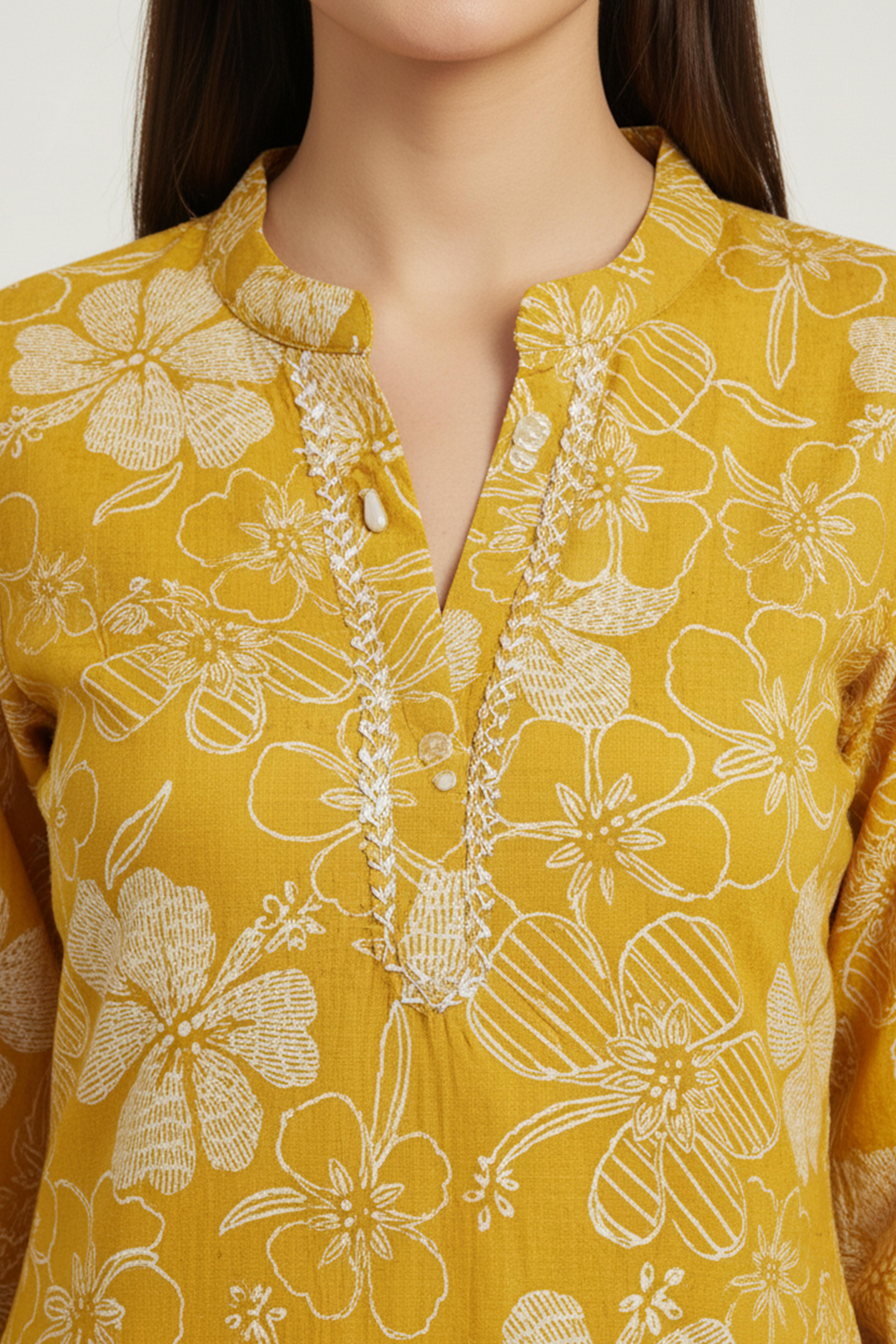 Mustard Viscose Blend Slub Fabric Top with Beautiful Floral Prints
