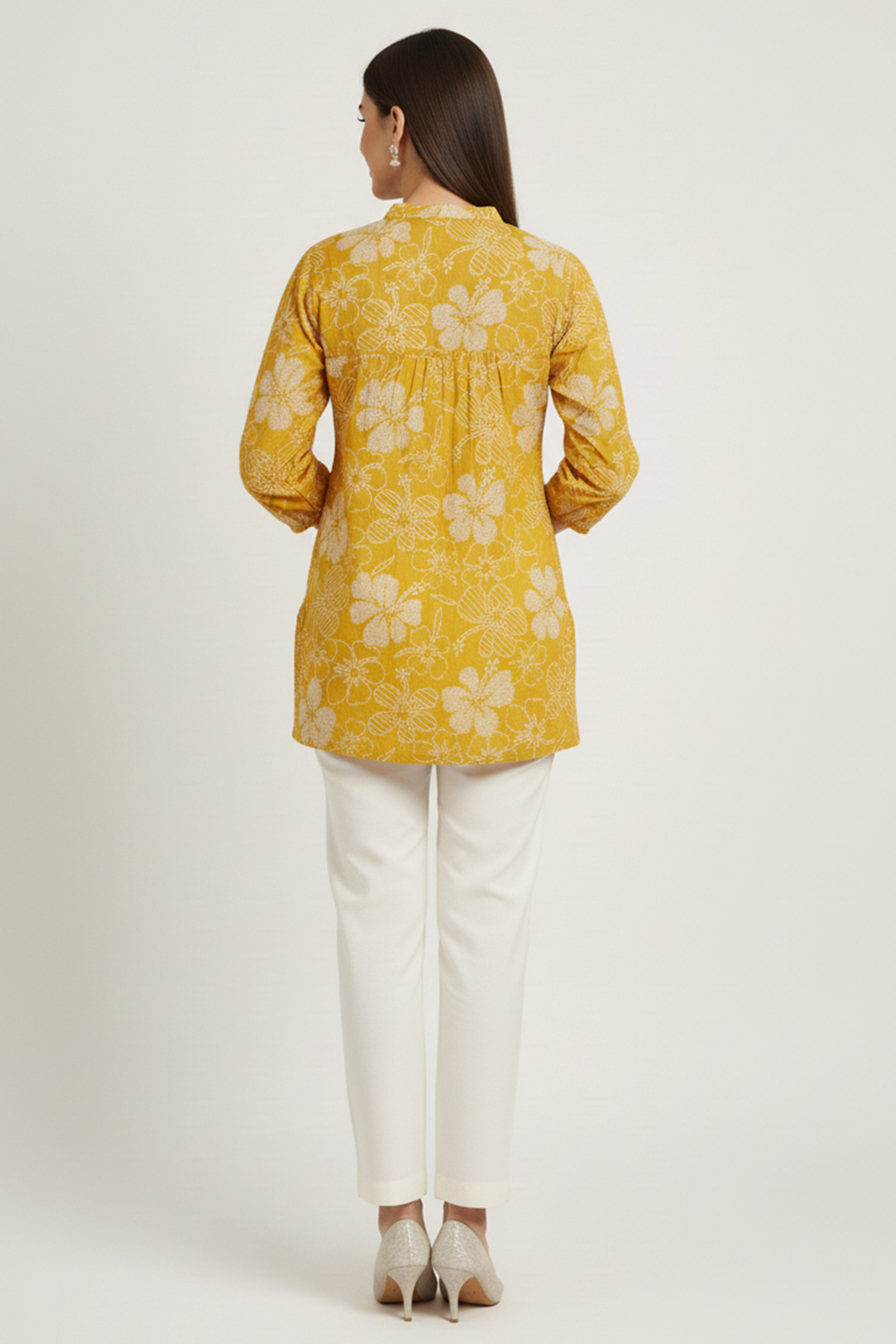 Mustard Viscose Blend Slub Fabric Top with Beautiful Floral Prints