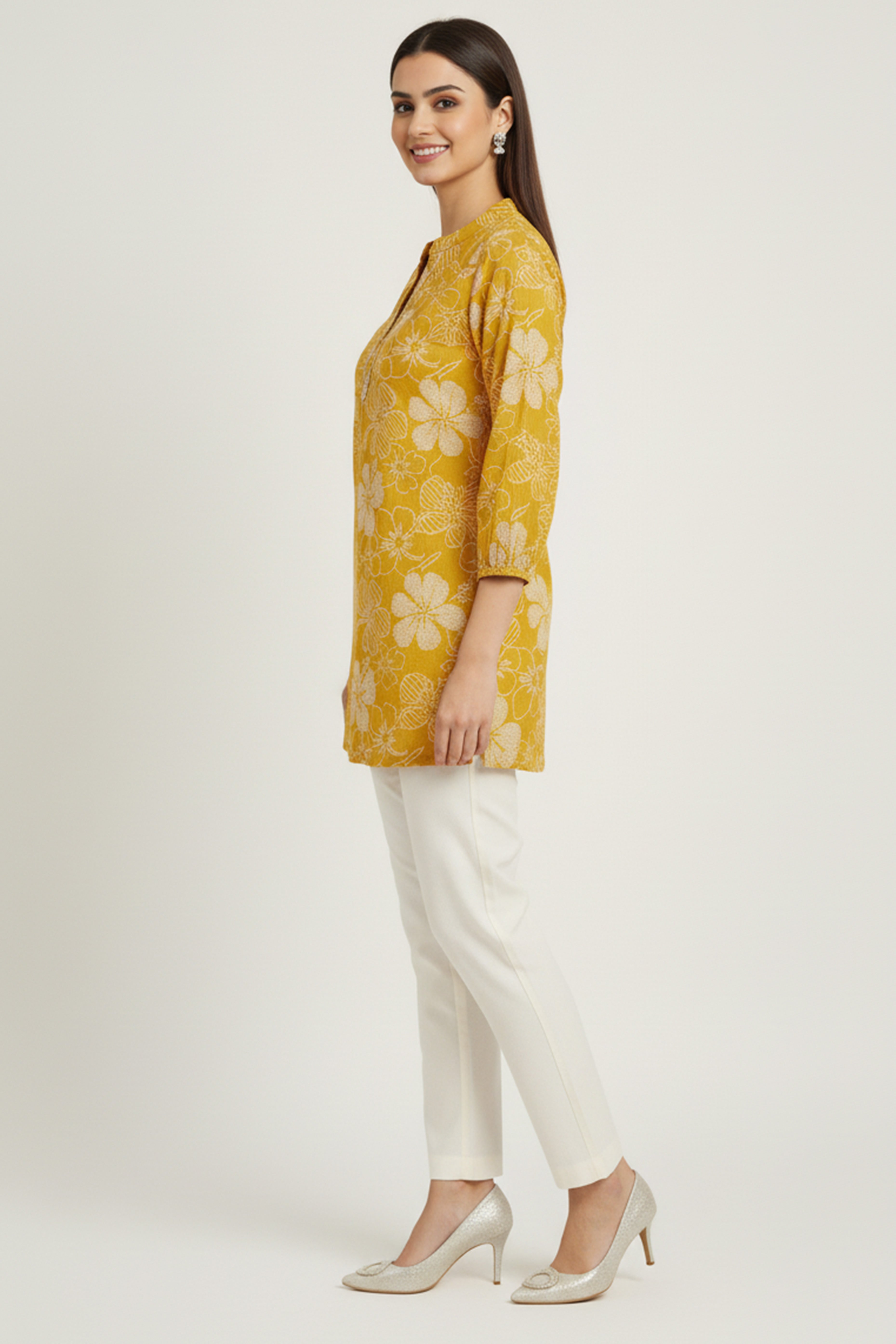Mustard Viscose Blend Slub Fabric Top with Beautiful Floral Prints