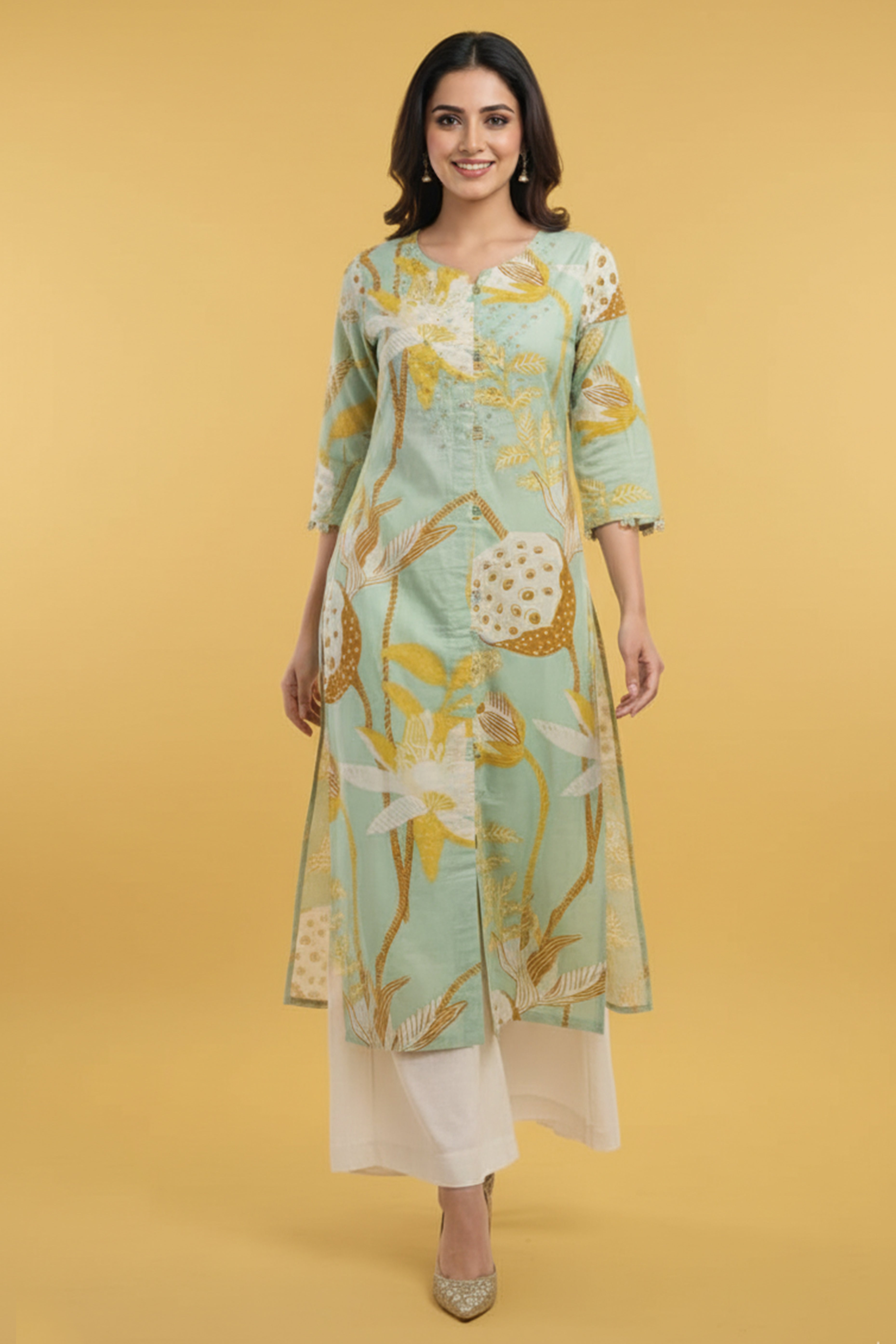 Elegant Floral Printed A-Line Kurti In Light Sky Blue Cotton Blend For Effortless Style