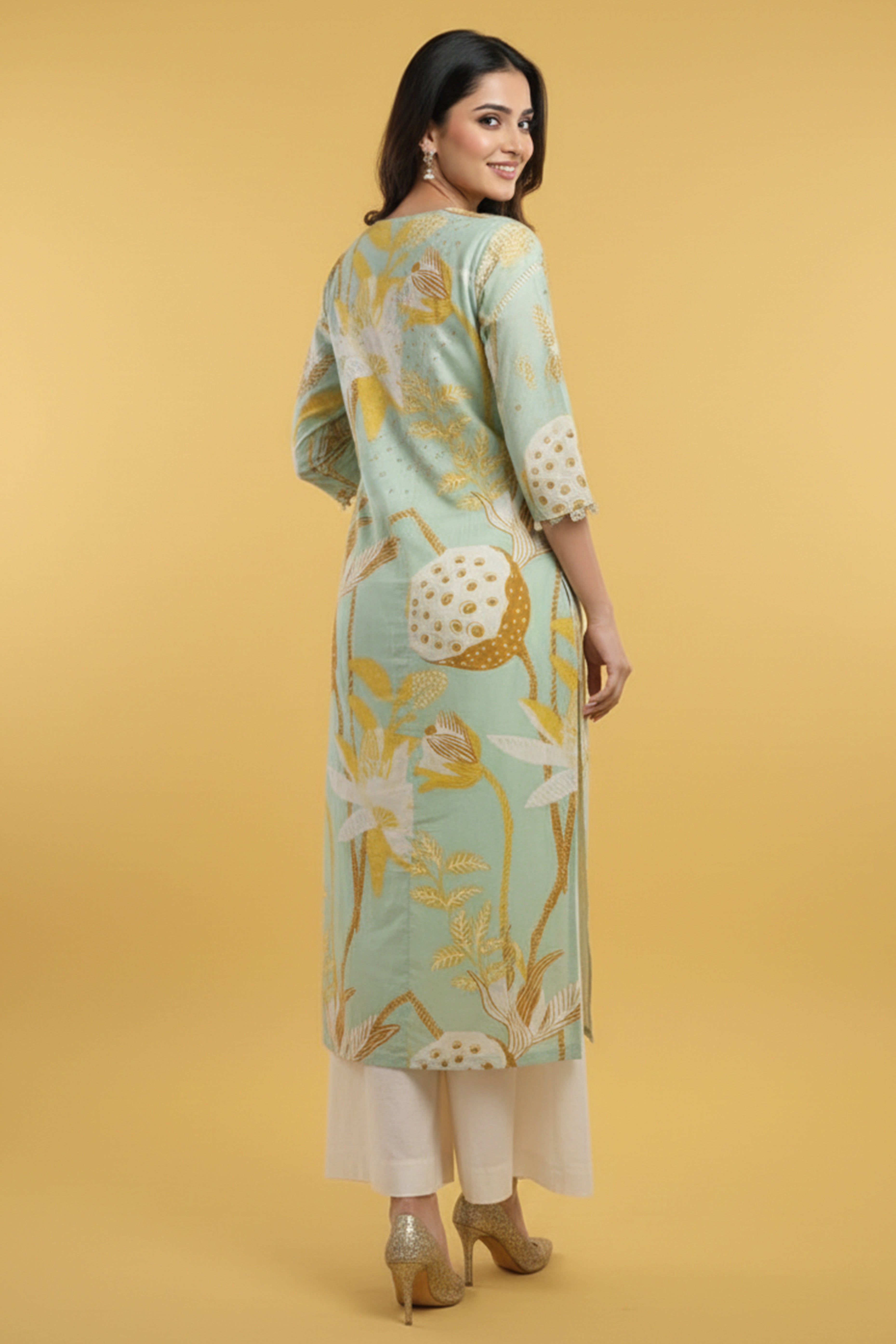 Elegant Floral Printed A-Line Kurti In Light Sky Blue Cotton Blend For Effortless Style