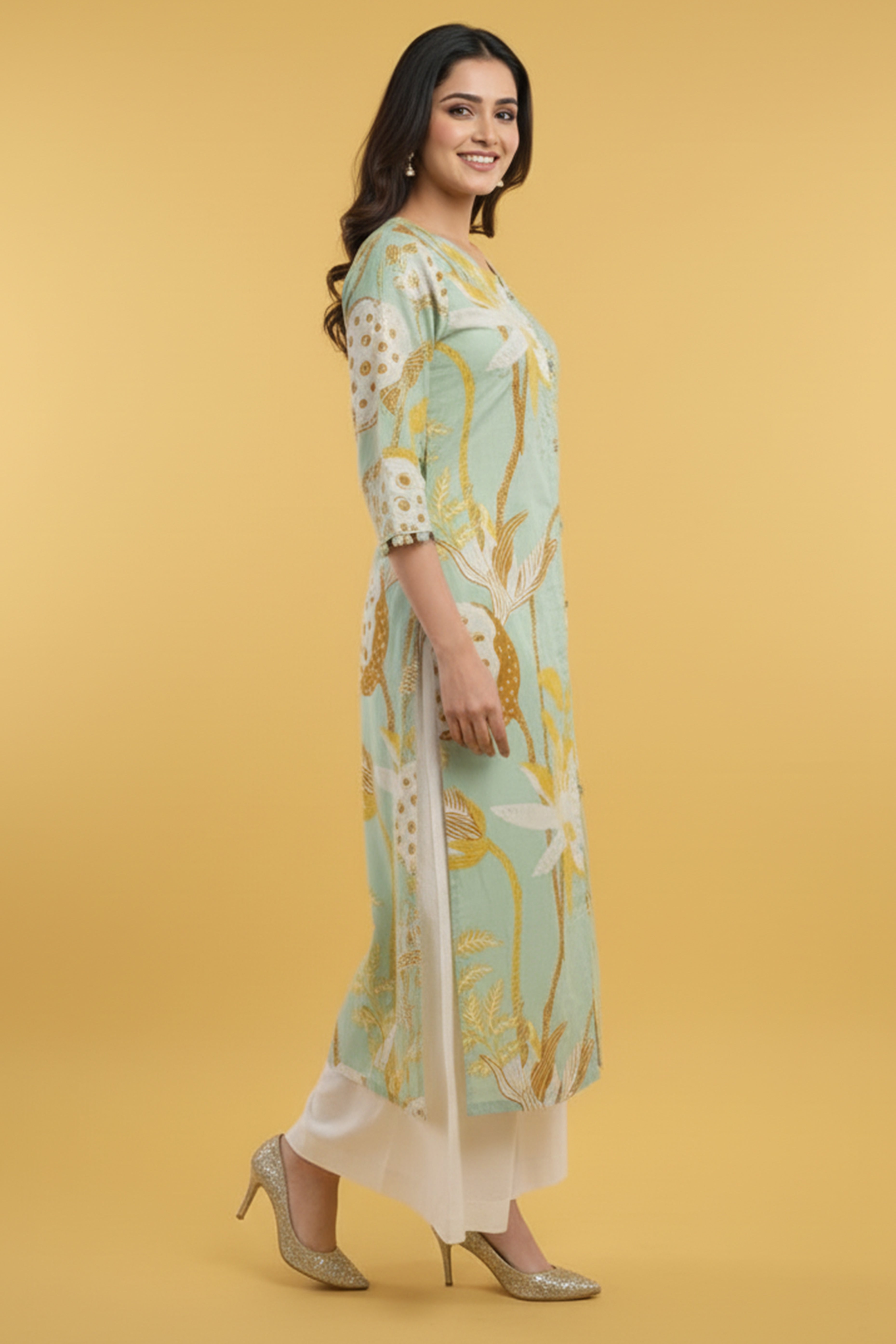 Elegant Floral Printed A-Line Kurti In Light Sky Blue Cotton Blend For Effortless Style