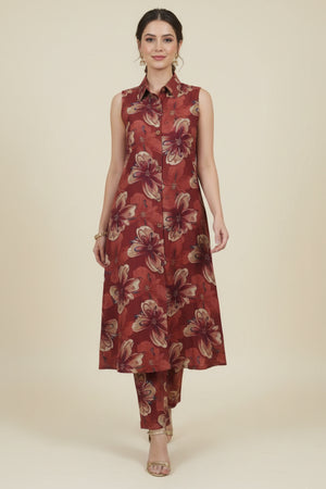 Beautiful Maroon A-Line Co-Ord Set with Floral Printed Detailing in Viscose Blend