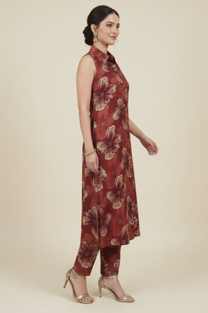 Beautiful Maroon A-Line Co-Ord Set with Floral Printed Detailing in Viscose Blend
