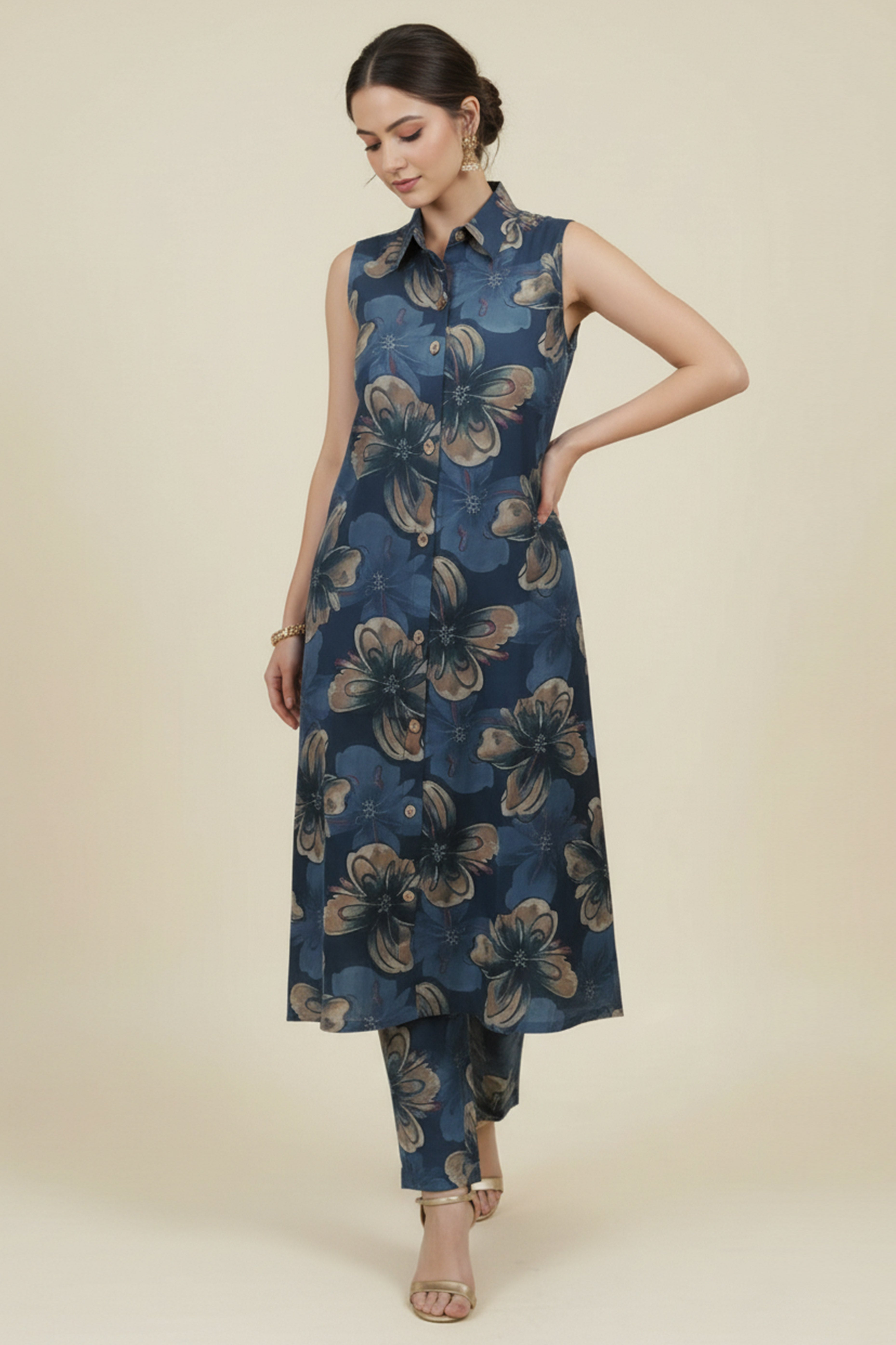 Beautiful Blue A-Line Co-Ord Set with Floral Printed Detailing in Viscose Blend