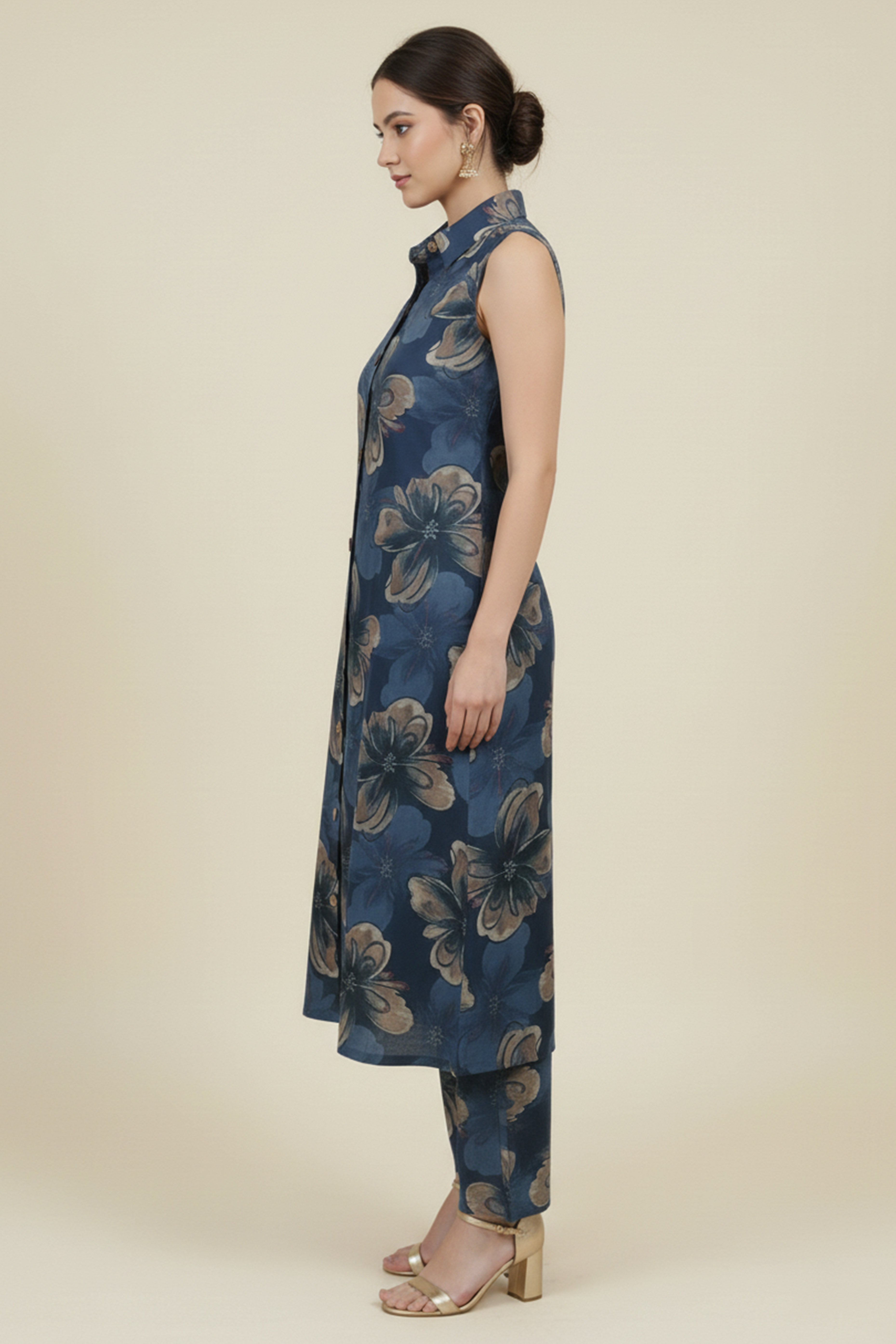 Beautiful Blue A-Line Co-Ord Set with Floral Printed Detailing in Viscose Blend