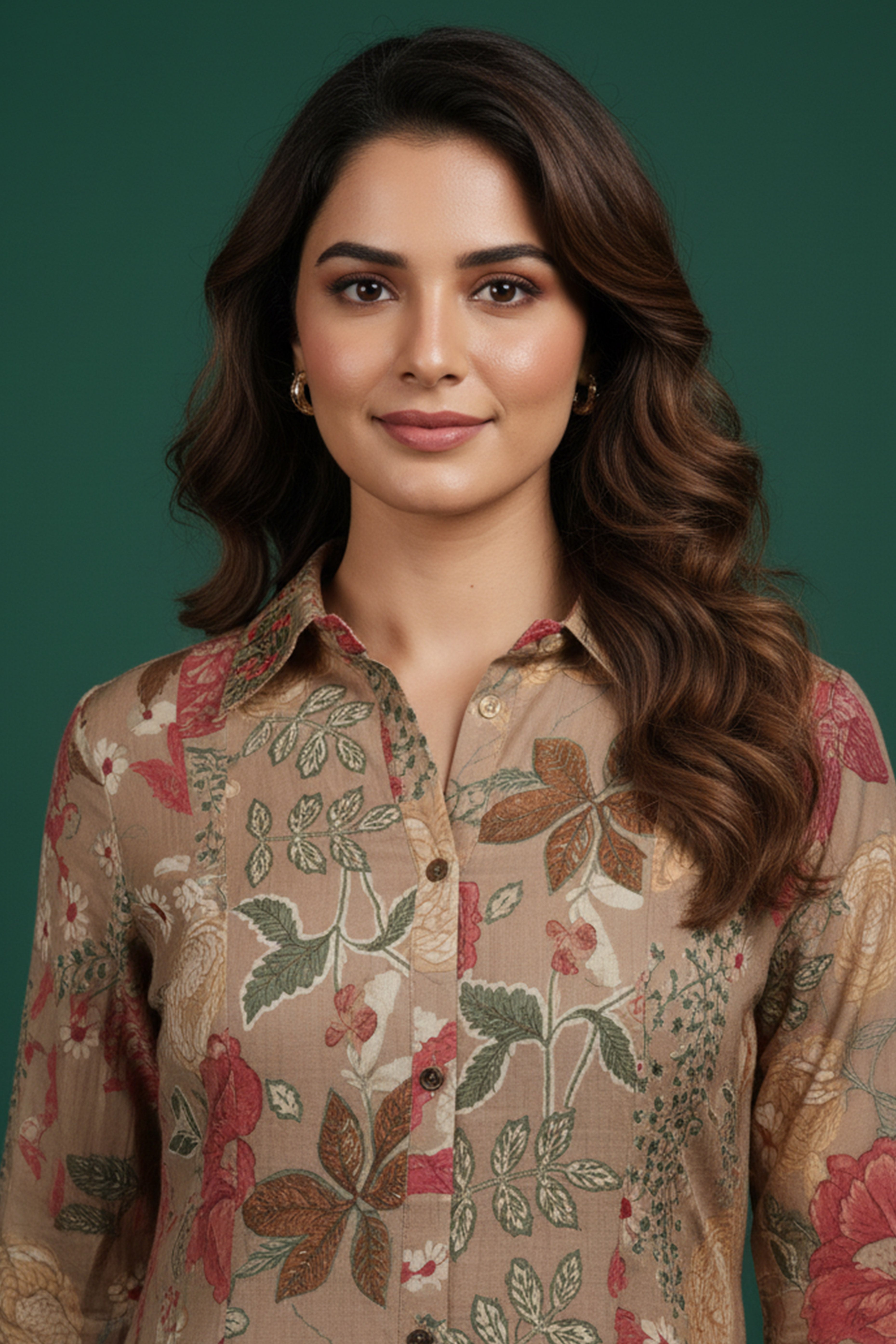 Light Brown Muslin A-Line Dress in Floral Print