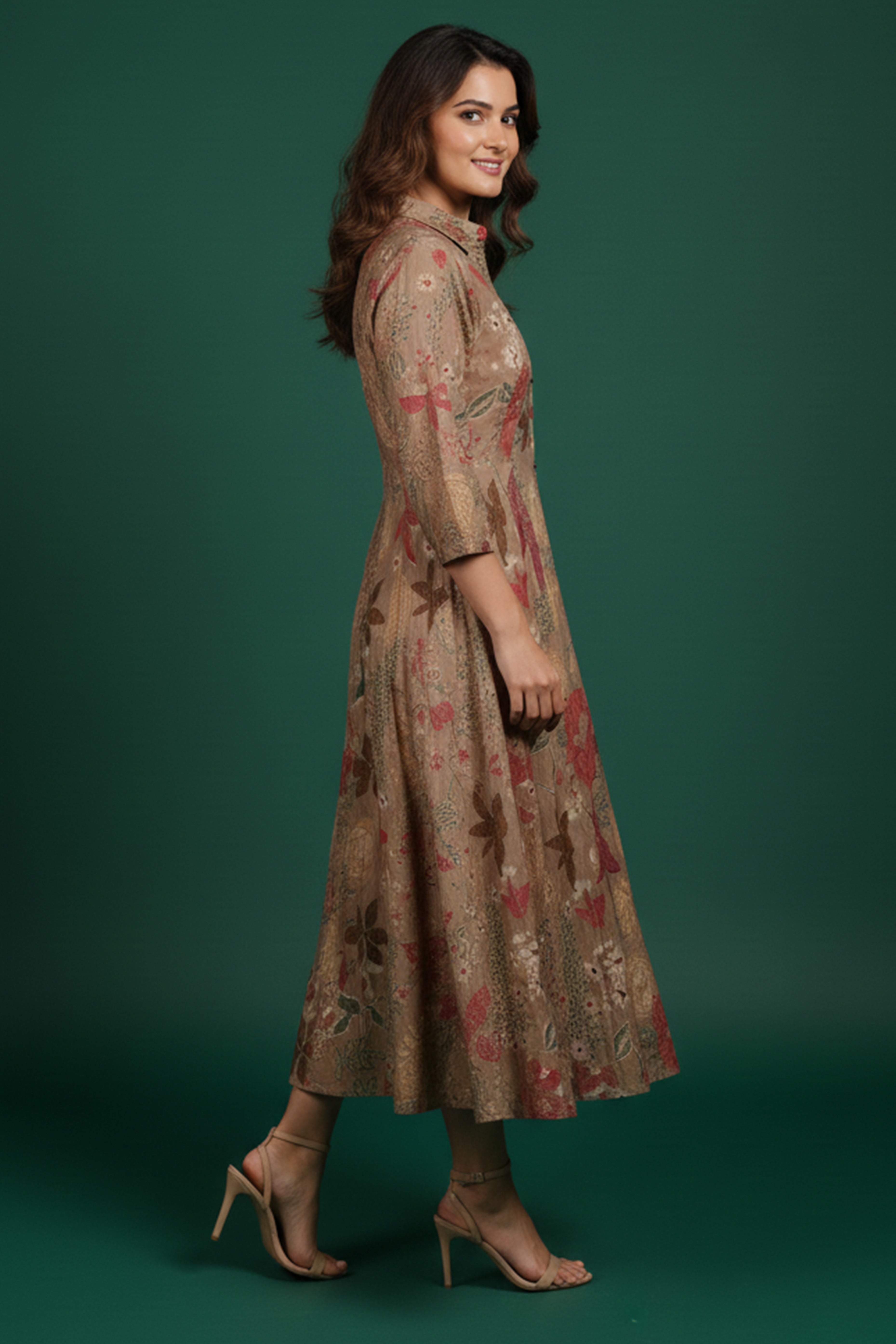 Light Brown Muslin A-Line Dress in Floral Print