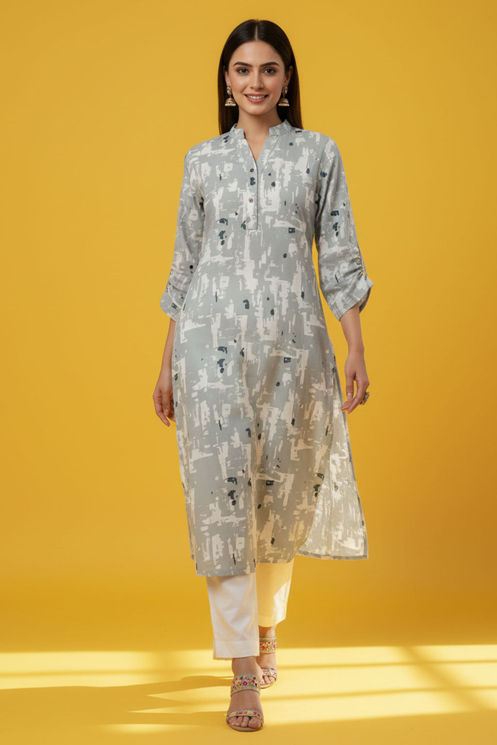 Light Grey Abstract Printed Cotton Linen Straight Kurti for Everyday
