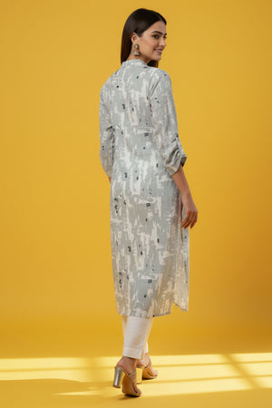 Light Grey Abstract Printed Cotton Linen Straight Kurti for Everyday & Office Wear