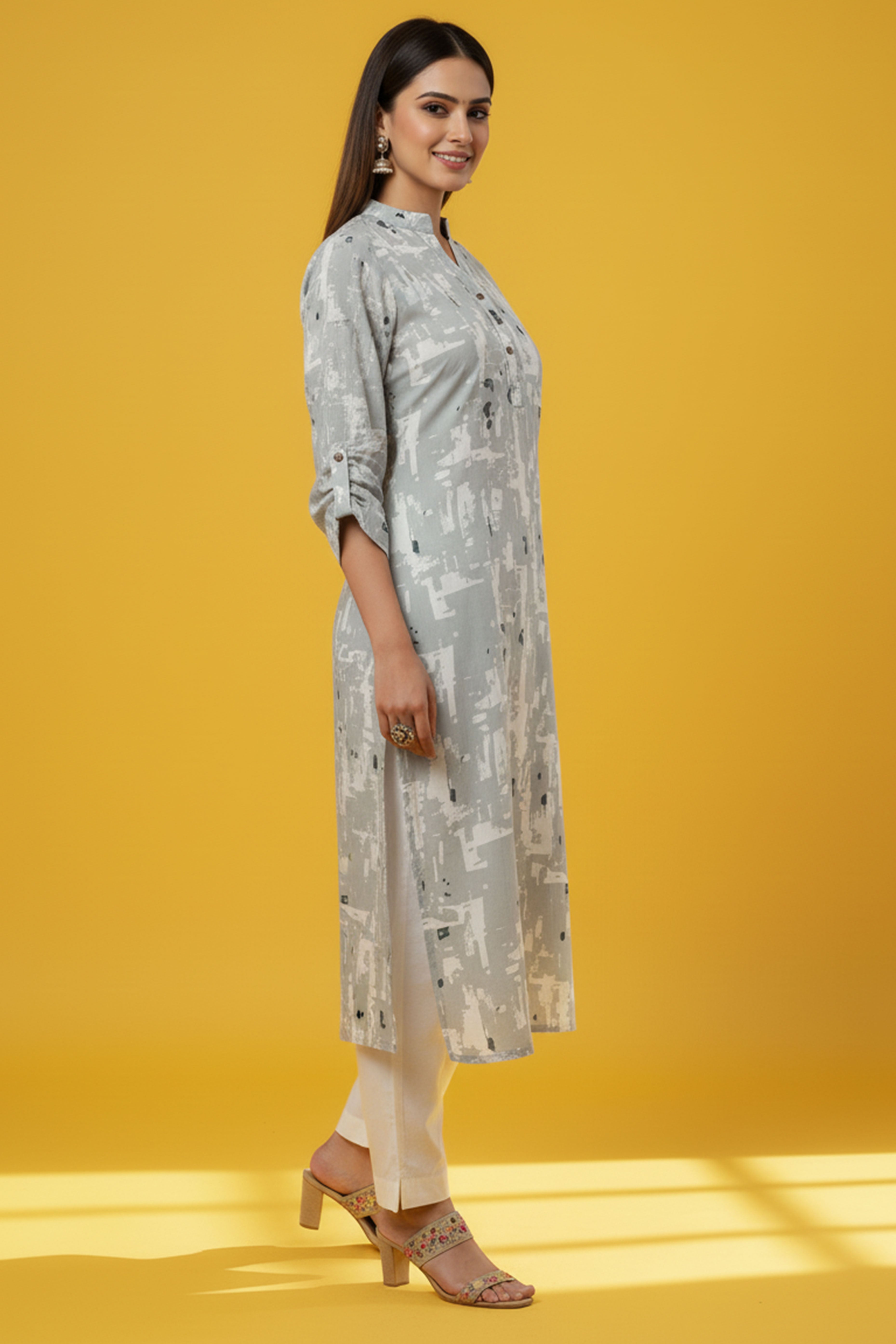 Light Grey Abstract Printed Cotton Linen Straight Kurti for Everyday & Office Wear