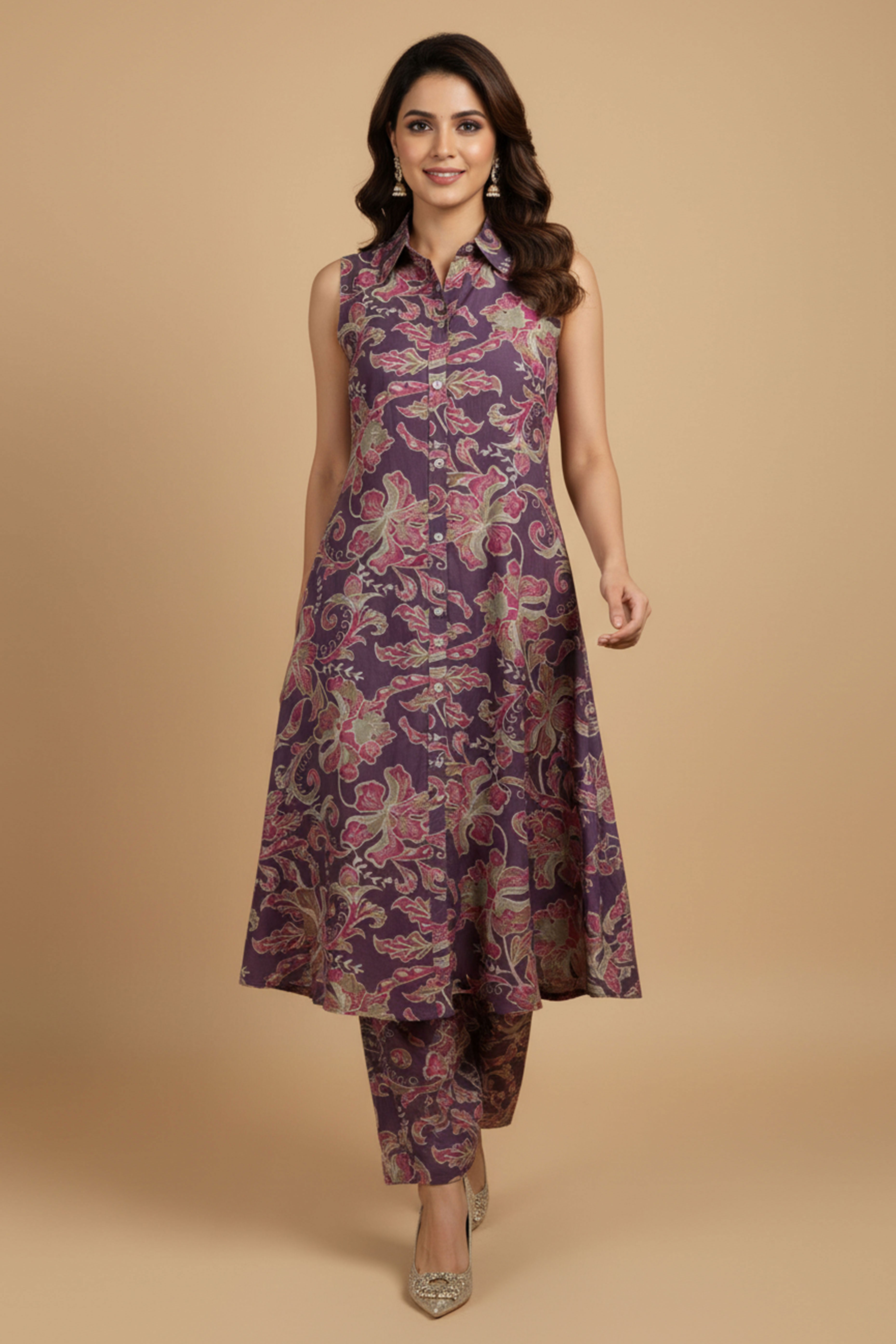 Stylish Purple A-Line Suit Set with Beautiful Floral Print on Viscose Blend Slub