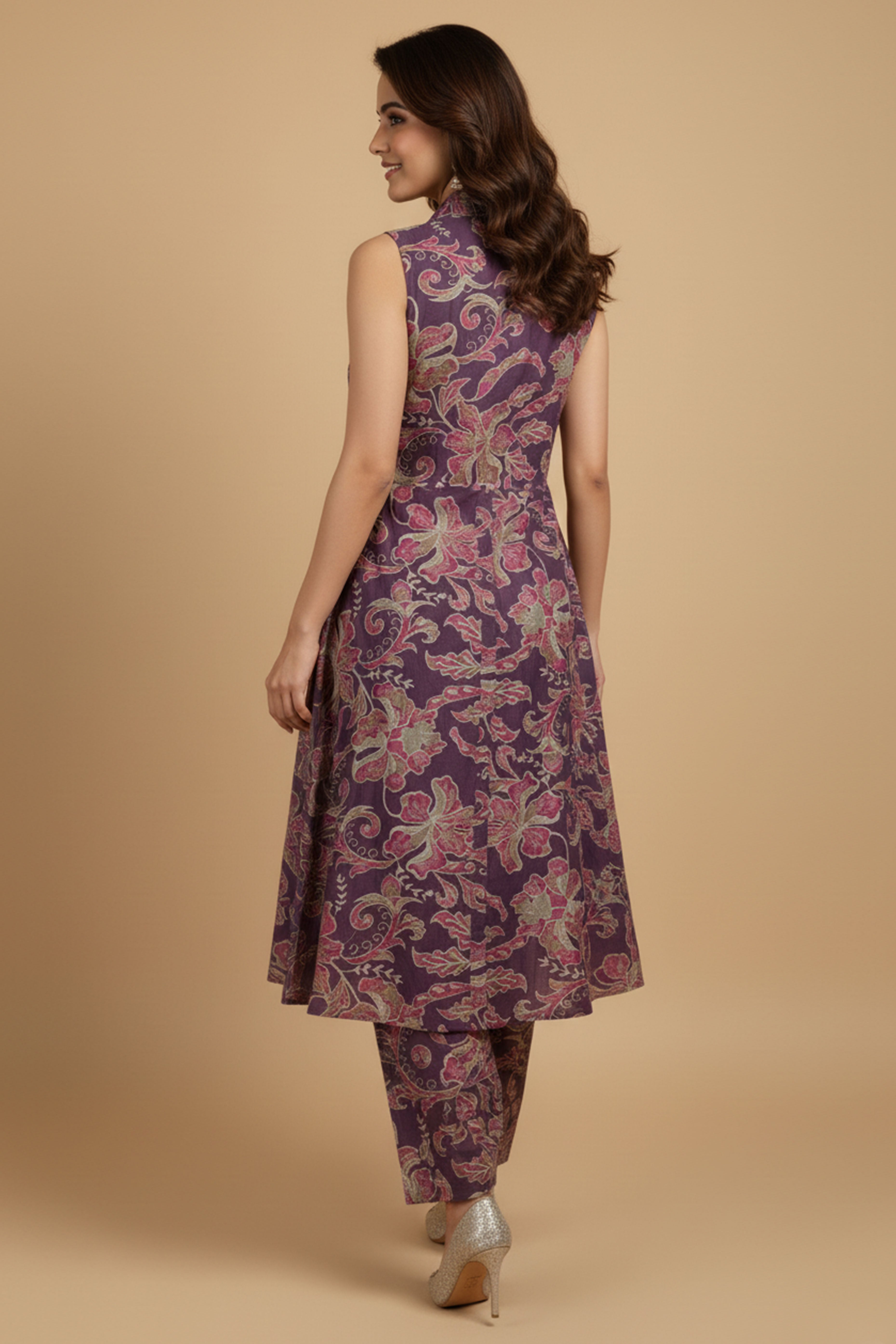 Stylish Purple A-Line Suit Set with Beautiful Floral Print on Viscose Blend Slub