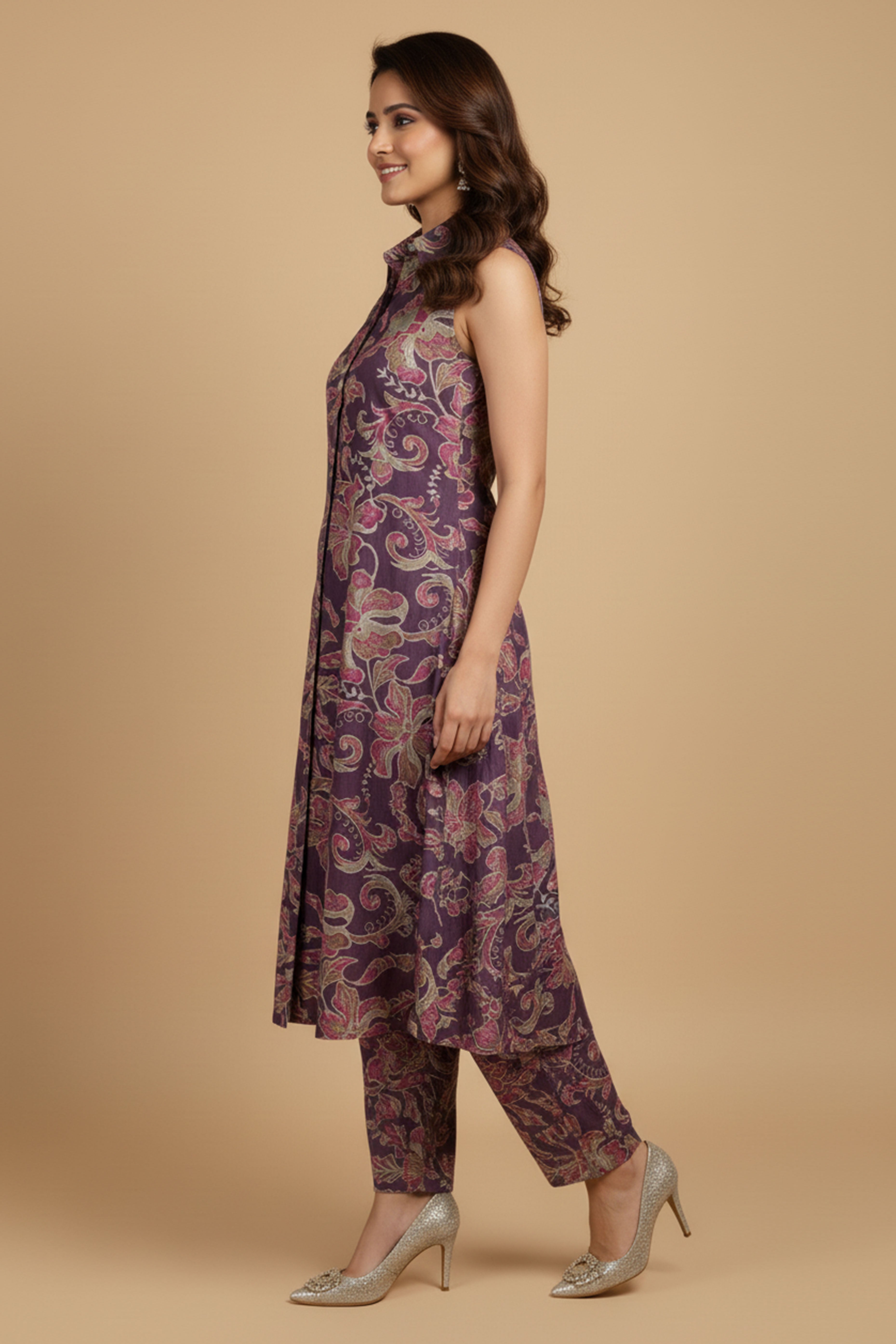Stylish Purple A-Line Suit Set with Beautiful Floral Print on Viscose Blend Slub