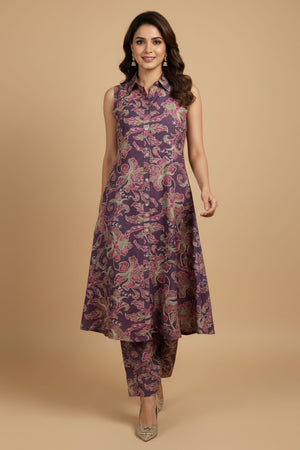 Stylish Purple A-Line Suit Set with Beautiful Floral Print on Viscose Blend Slub