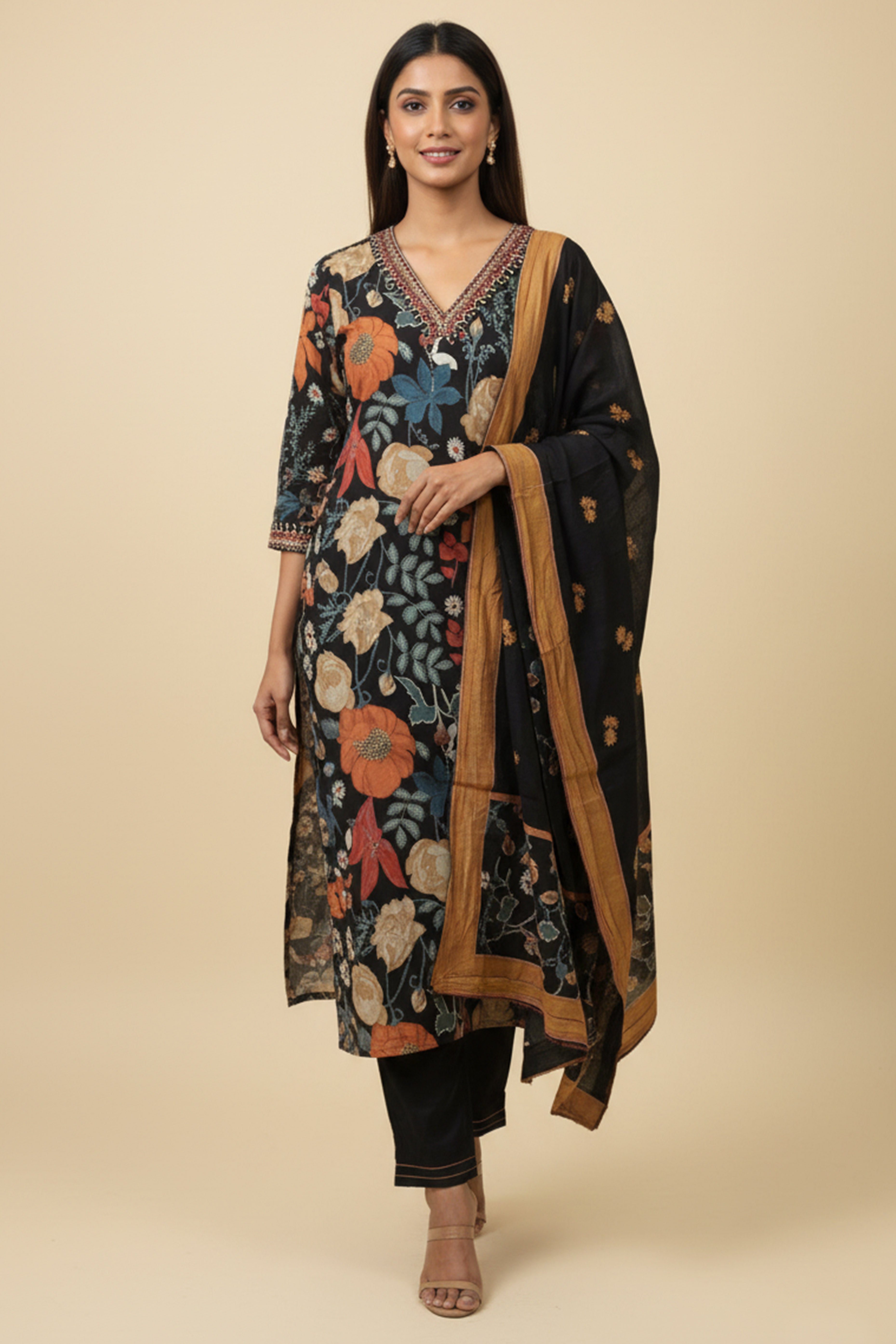 Beautiful Black Mulmul Chanderi Straight Cut Salwar Suit with Floral Prints for Festive Elegance