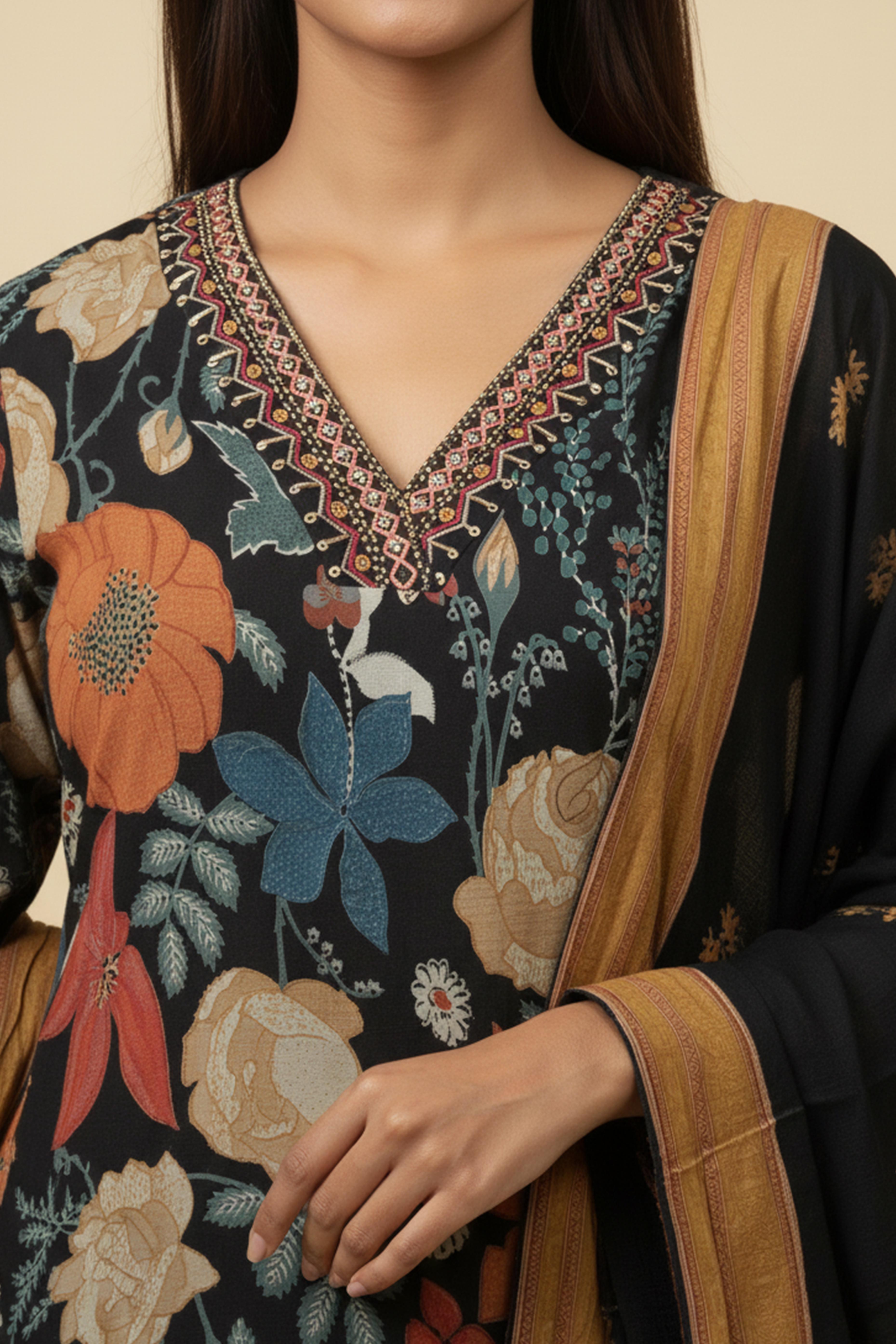 Beautiful Black Mulmul Chanderi Straight Cut Salwar Suit with Floral Prints for Festive Elegance