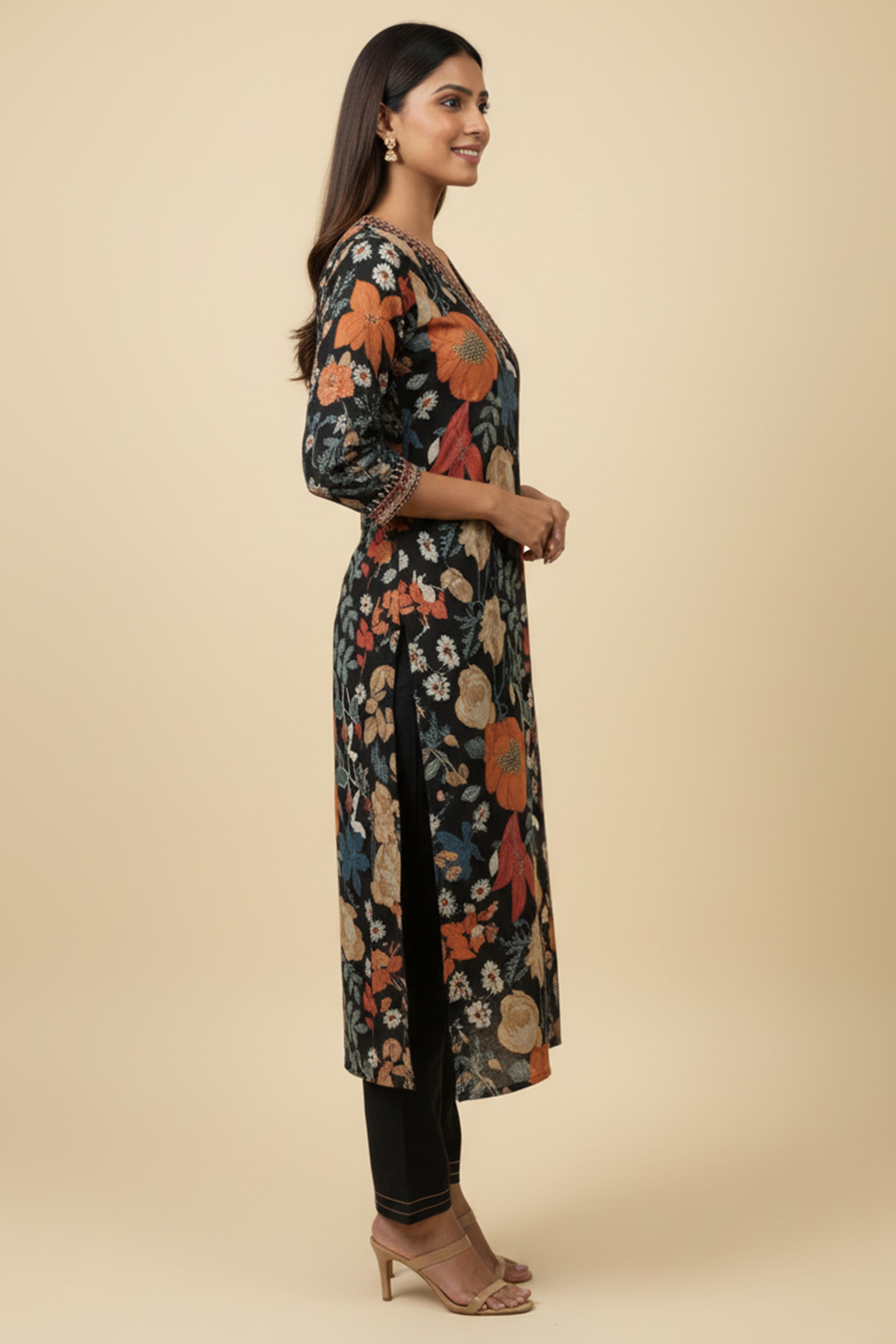 Beautiful Black Mulmul Chanderi Straight Cut Salwar Suit with Floral Prints for Festive Elegance