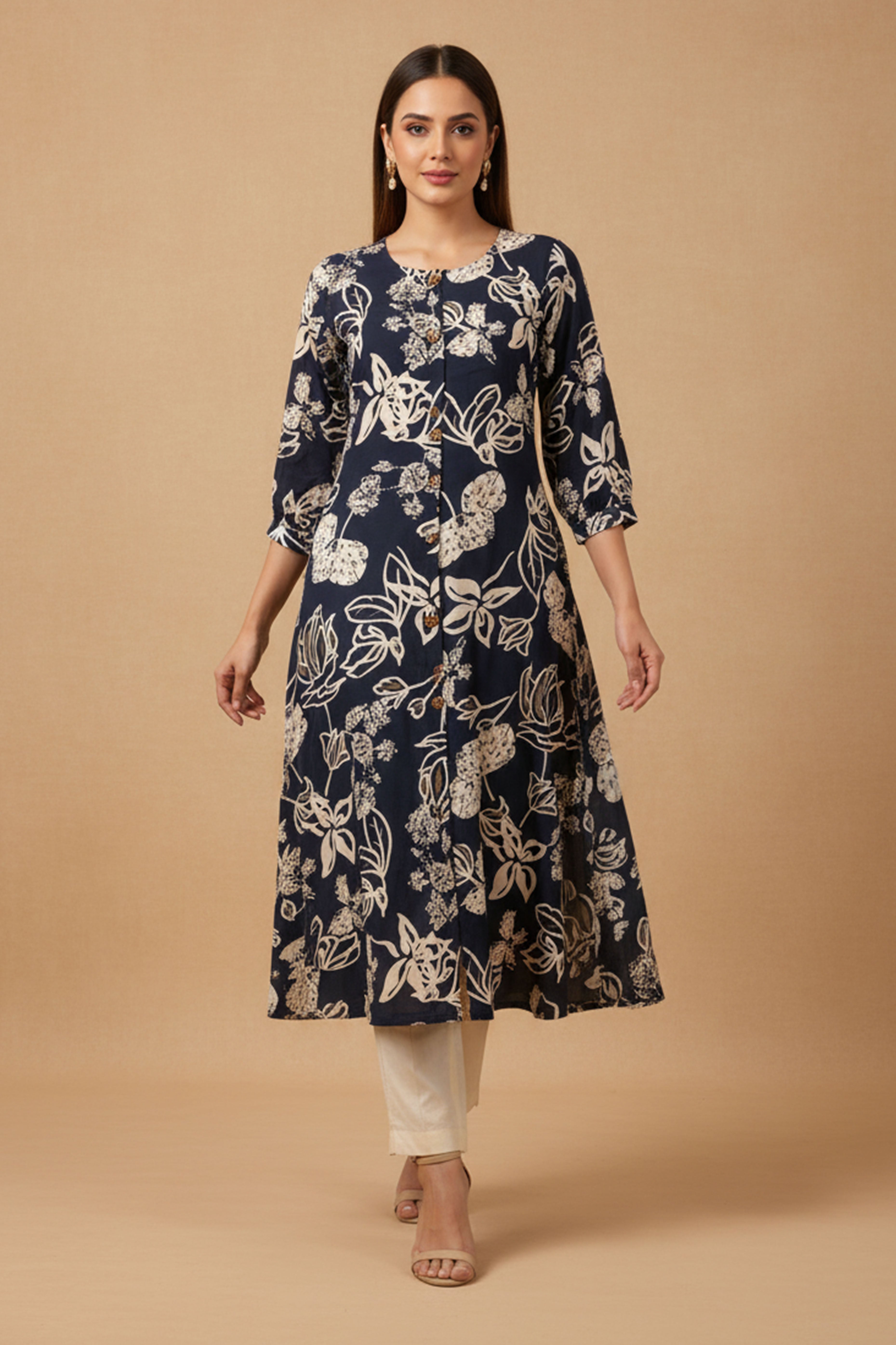 Blue Rayon Kurti Accented with Delicate Floral Motifs