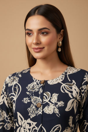 Blue Rayon Kurti Accented with Delicate Floral Motifs