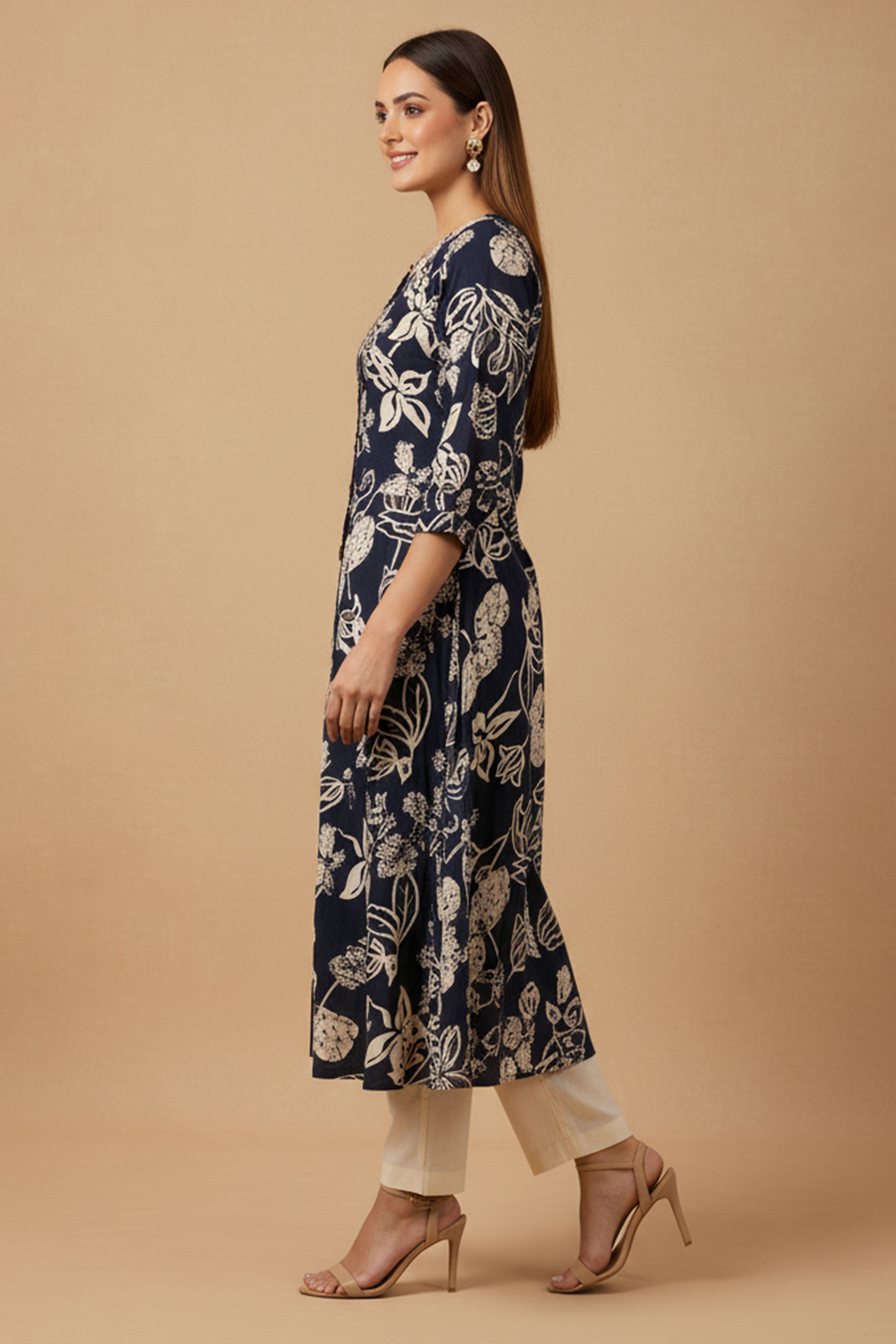 Blue Rayon Kurti Accented with Delicate Floral Motifs