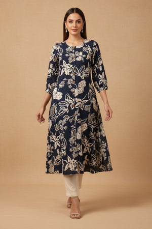 Blue Rayon Kurti Accented with Delicate Floral Motifs