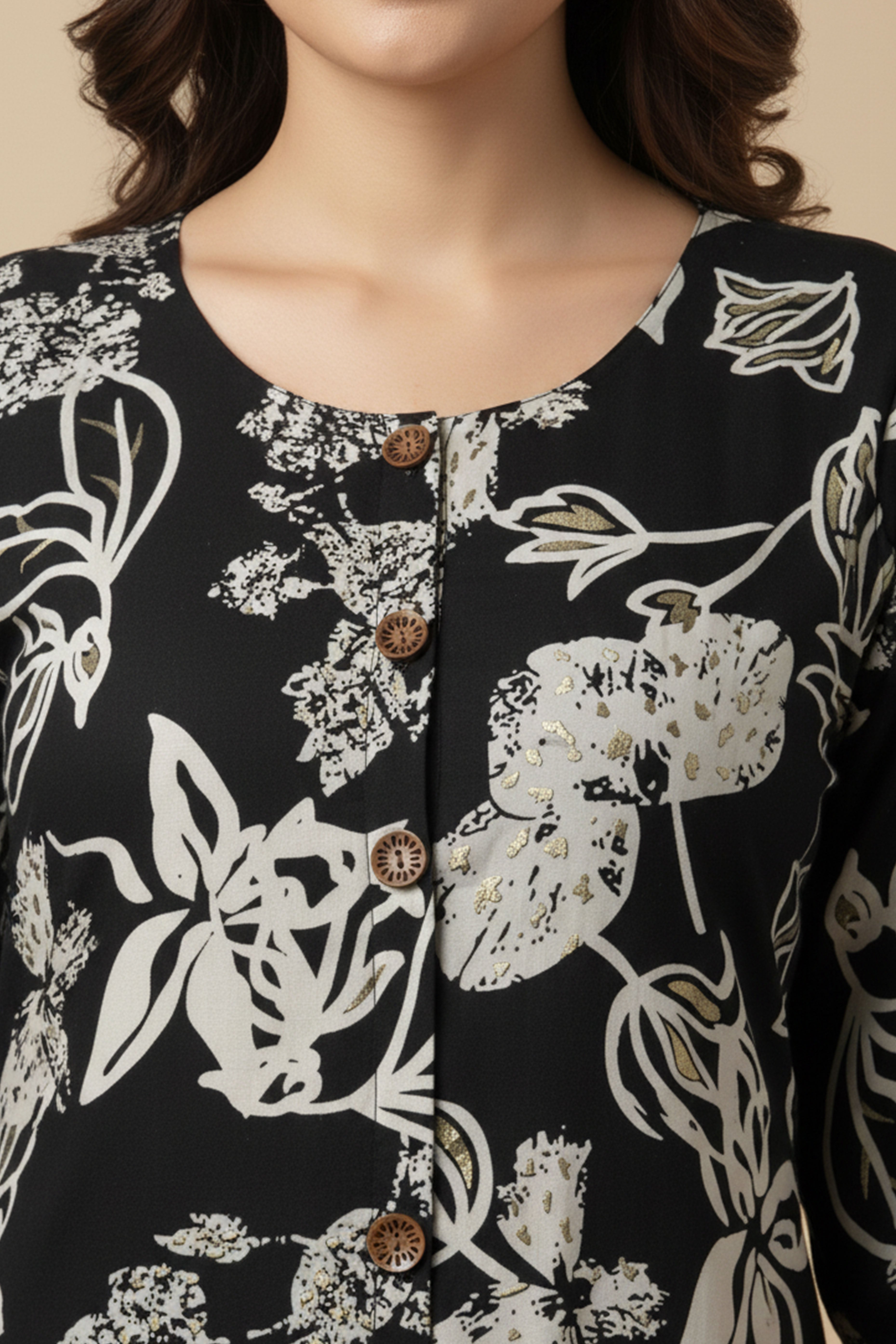 Black Rayon Kurti Featuring Elegant Floral Motifs for Everyday Styling