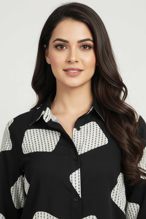 Black & White Geometric Printed Rayon Shirt Top With Collared Neckline