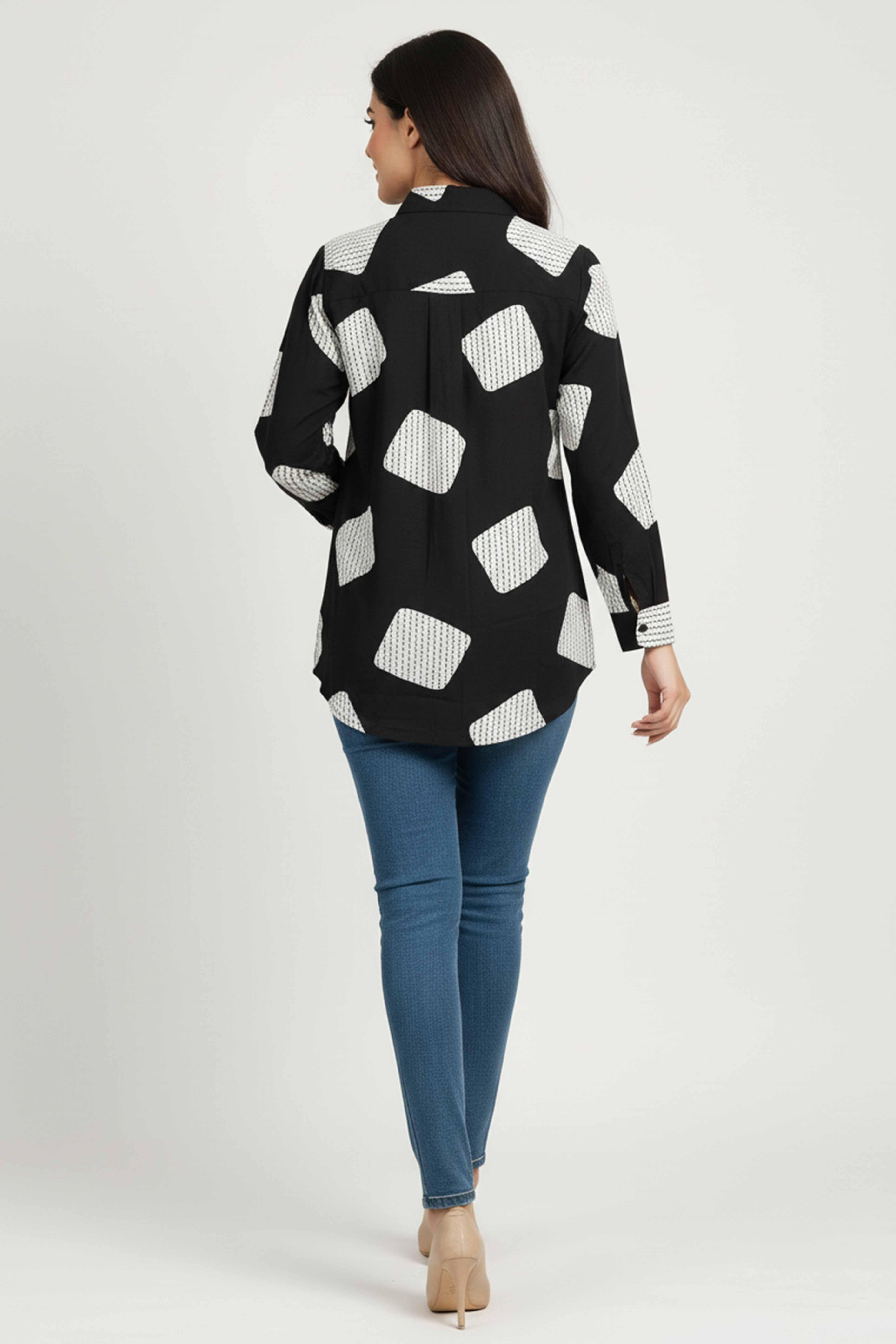 Black & White Geometric Printed Rayon Shirt Top With Collared Neckline