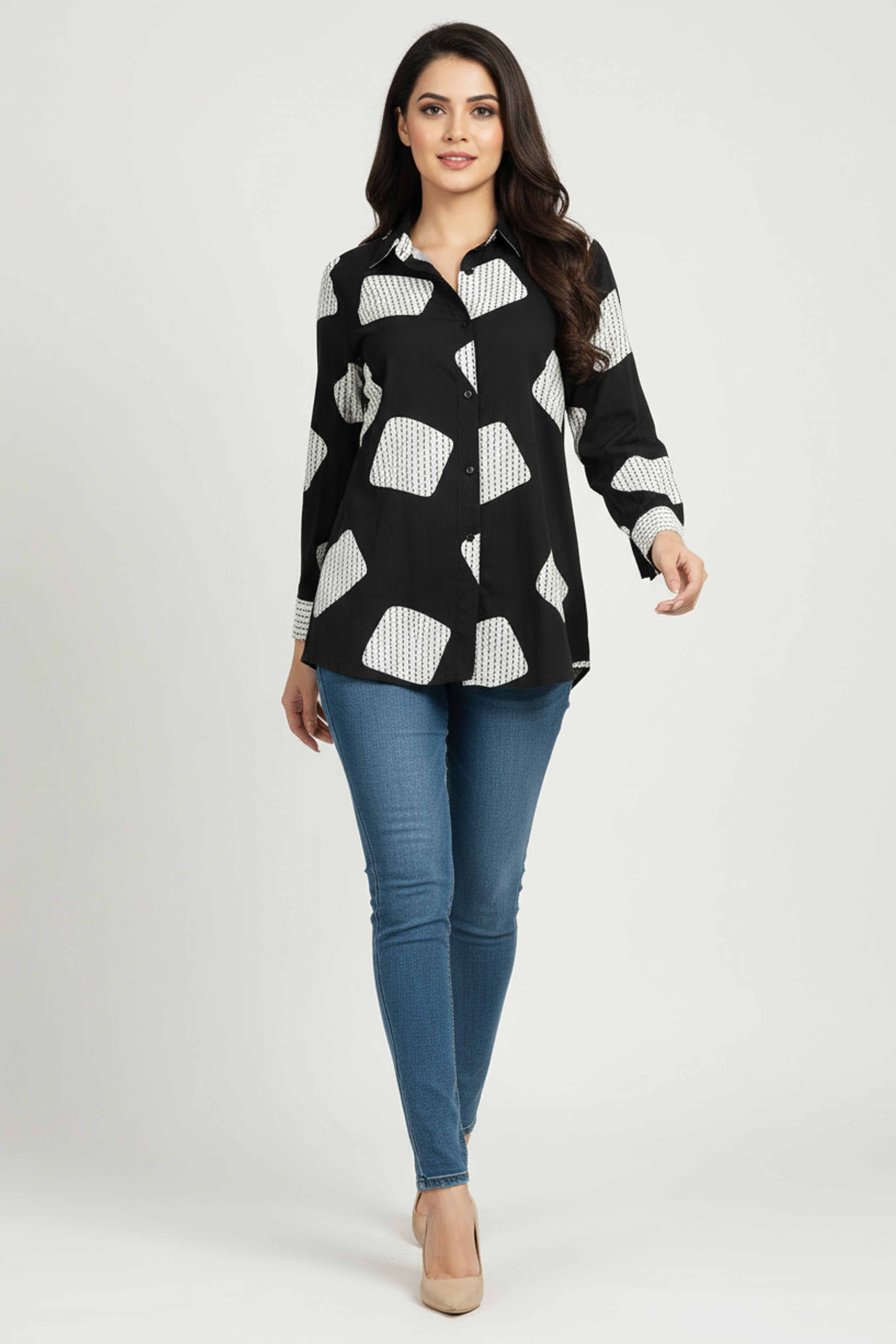 Black & White Geometric Printed Rayon Shirt Top With Collared Neckline