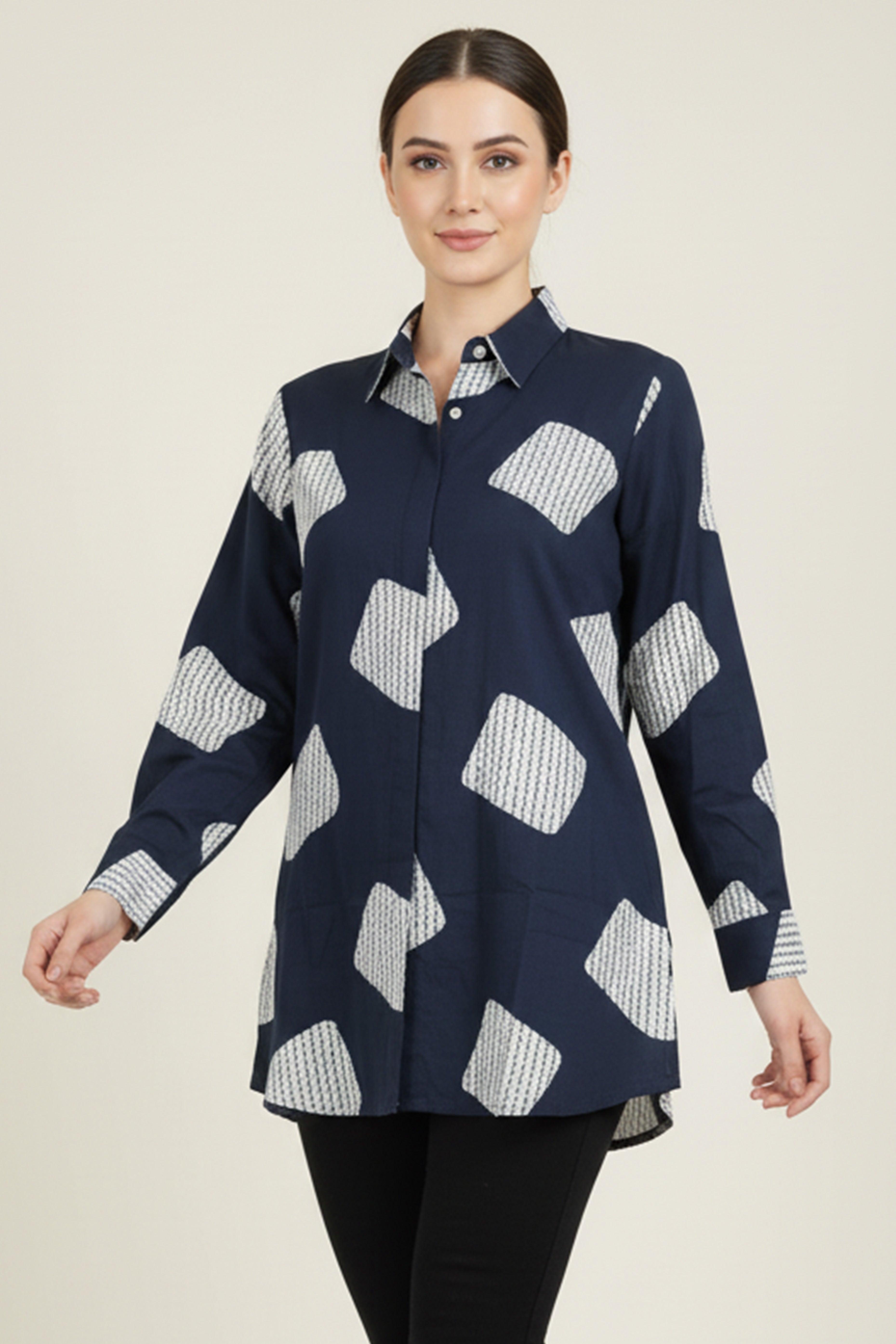 Navy Blue & White Geometric Printed Rayon Shirt Top With Collared Neckline